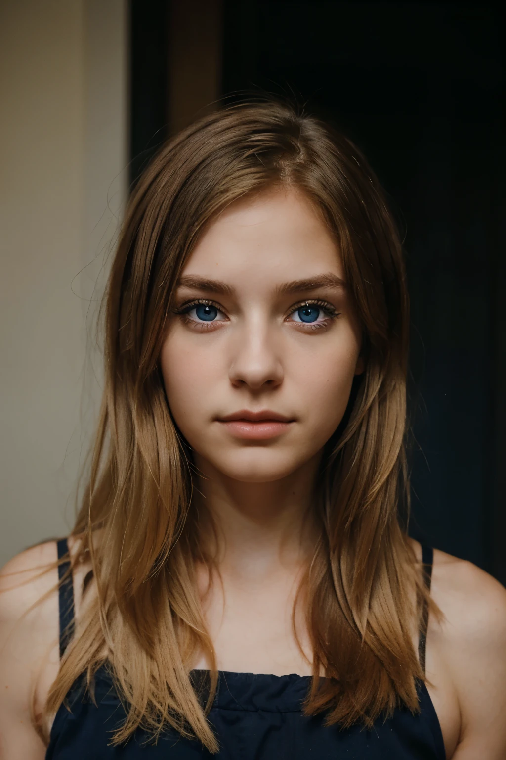 an american girl aged about 20 years old with dark blue eye and golden hair