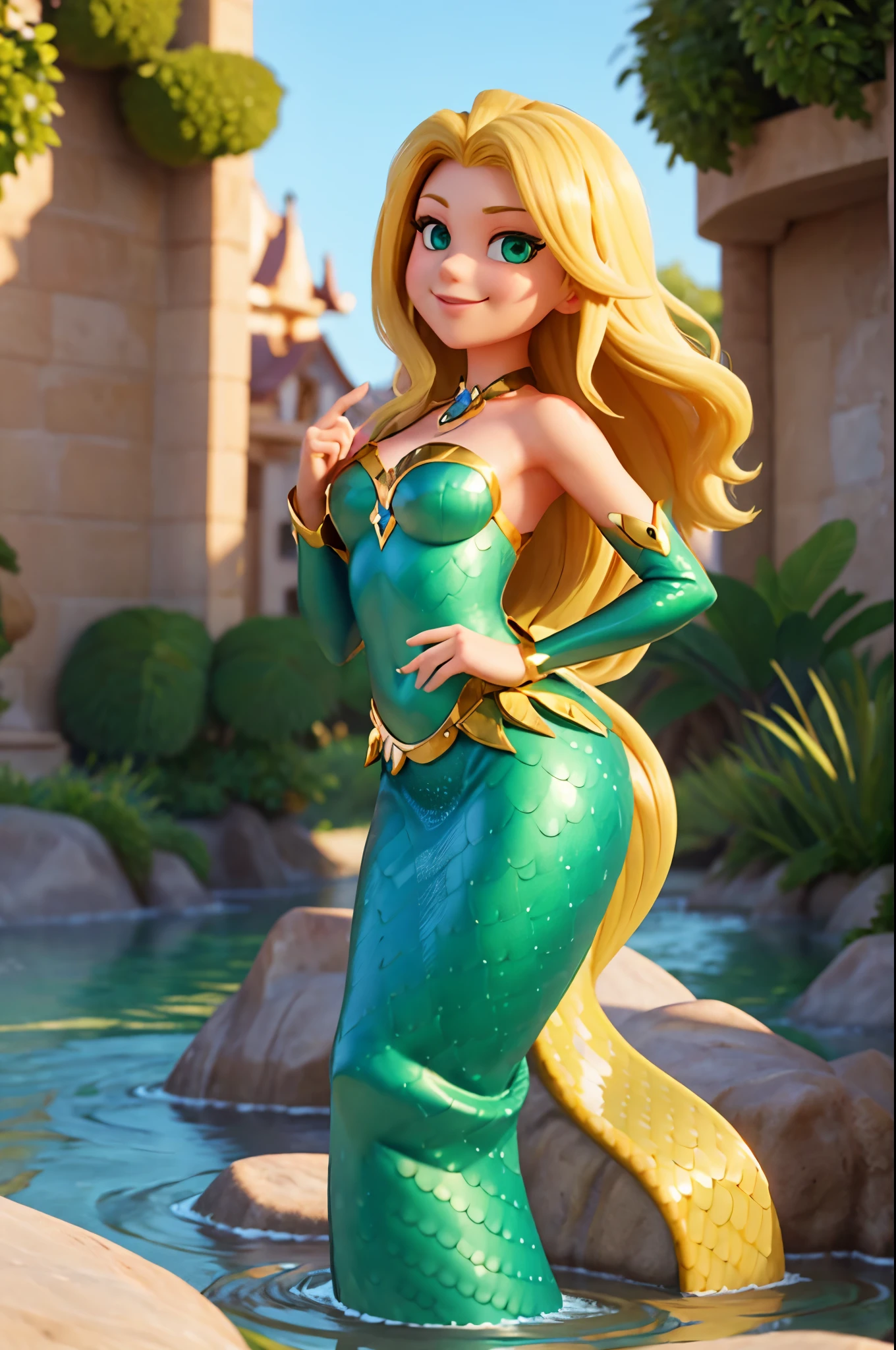 (masterpiece), mermaid, smile, The camera captures the glint of gold in her hair and the captivating allure of her green eyes, blonde hair, 2D game art, 2D, high qualit, disney, sharp detail, great detail