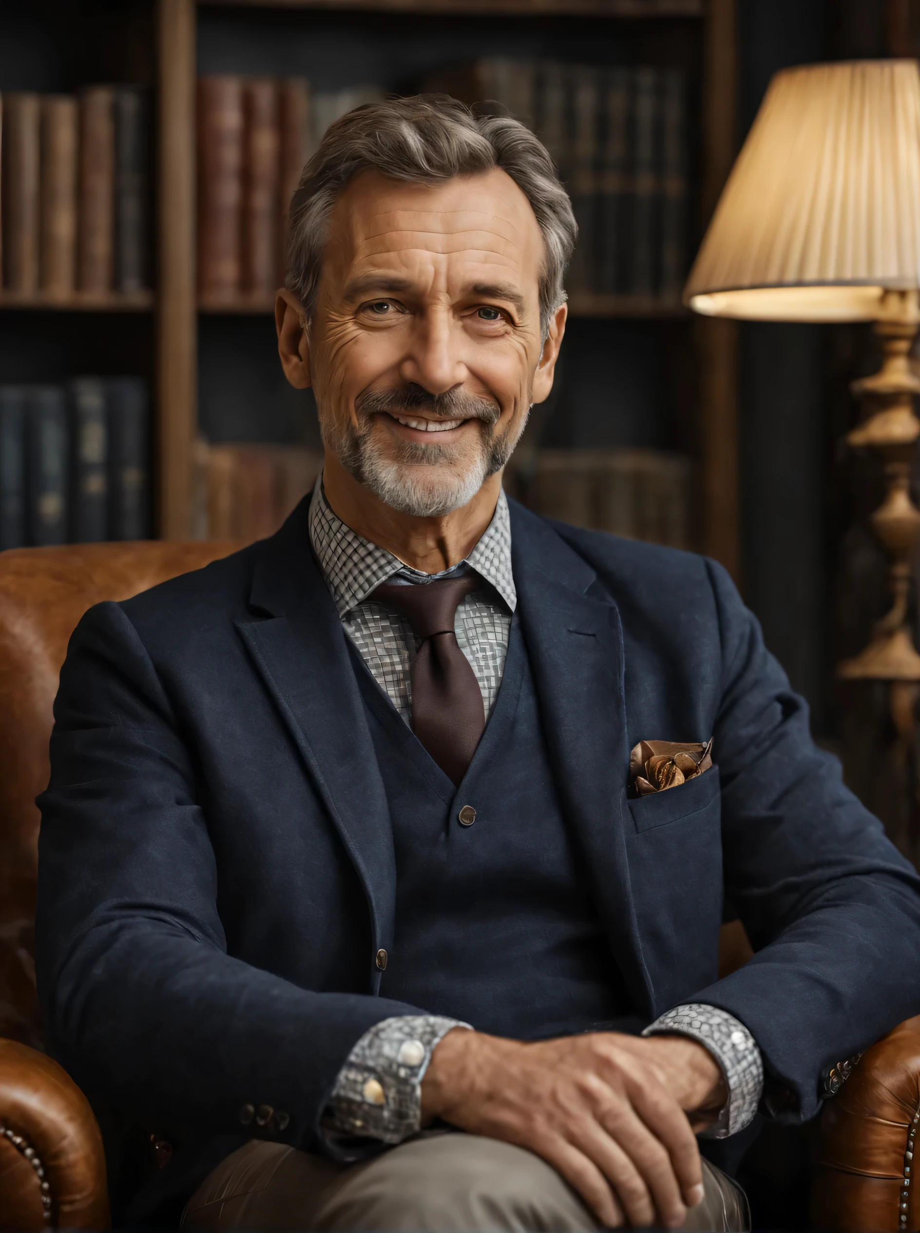 value: 27197724935904261 Award-winning realistic RAW photograph of a calm smiling kind middle-aged European man, in his fifties, with a short brown hair and a slight touch of silver. He has a white skin. He has wise and intelligent expression and a confident posture. Very detailed realistic face with wise piercing eyes, that are conveying wisdom and nostalgia, and realistic hands. He looks casual, neat and tidy, as he has an early beard. No hat, tie, or a bowtie. The upper body is dressed in a casual navy checkered jacket with a pocket square and a flower shirt. Lower body dressed in dark-blue jeans. He conveys sophistication and professionalism. Sitting in a leather armchair, he leans forward slightly as he is illuminated by the light of a lamp, and gentle lighting. We can also see a backdrop of a home library with modern or antique furniture. Use furrowed brows - warm color palette. The ultra-detailed portrait is made with a wide angle, on eye level view, and full-body shot (realistic,photorealistic,photo-realistic:1.37) - portraits, detailed texture.