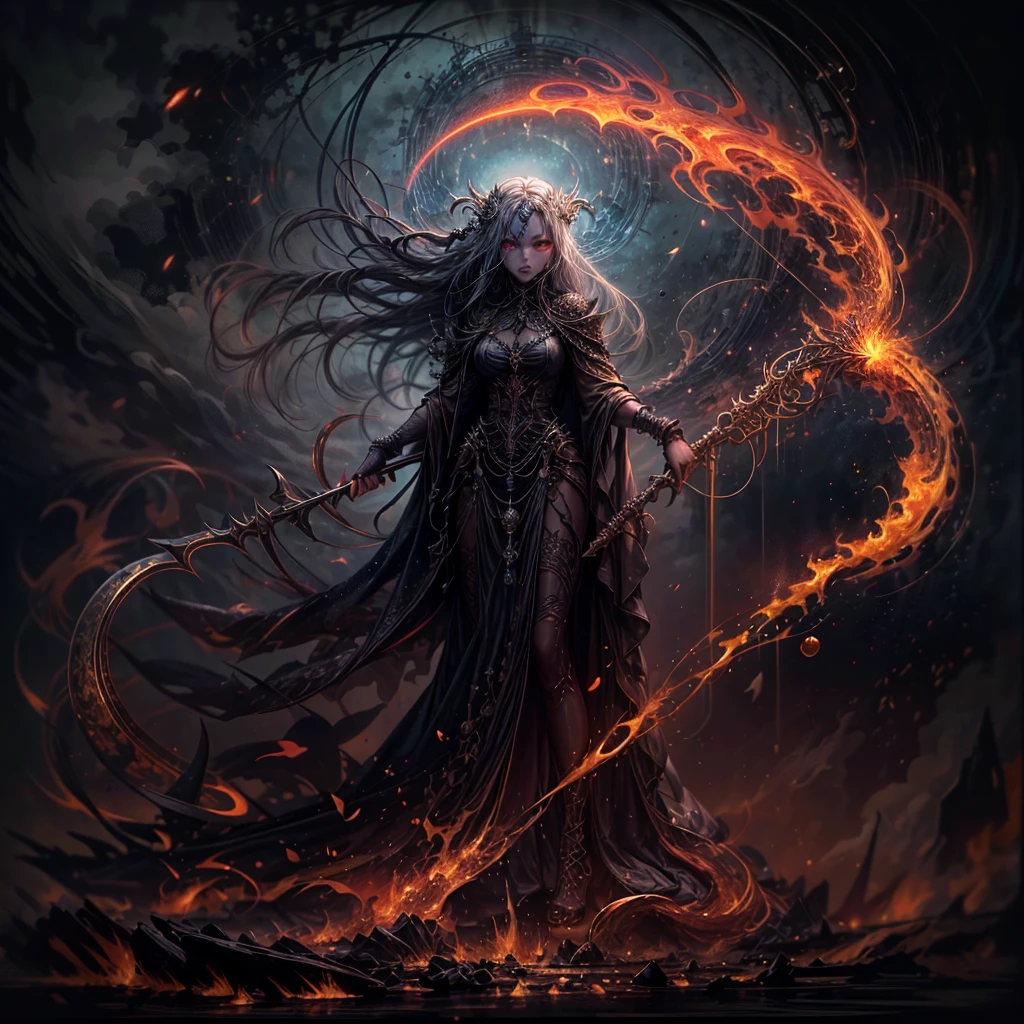 death's scythe with flames, death goddess, dark intricate background, grim reaper, fiery aura, ethereal presence, ominous shadows, haunting atmosphere, macabre beauty, swirling smoke, menacing silhouette, glowing embers, mystical and foreboding, eerie glow of moonlight, foretelling doom, spectral figures, chilling winds, otherworldly realm.