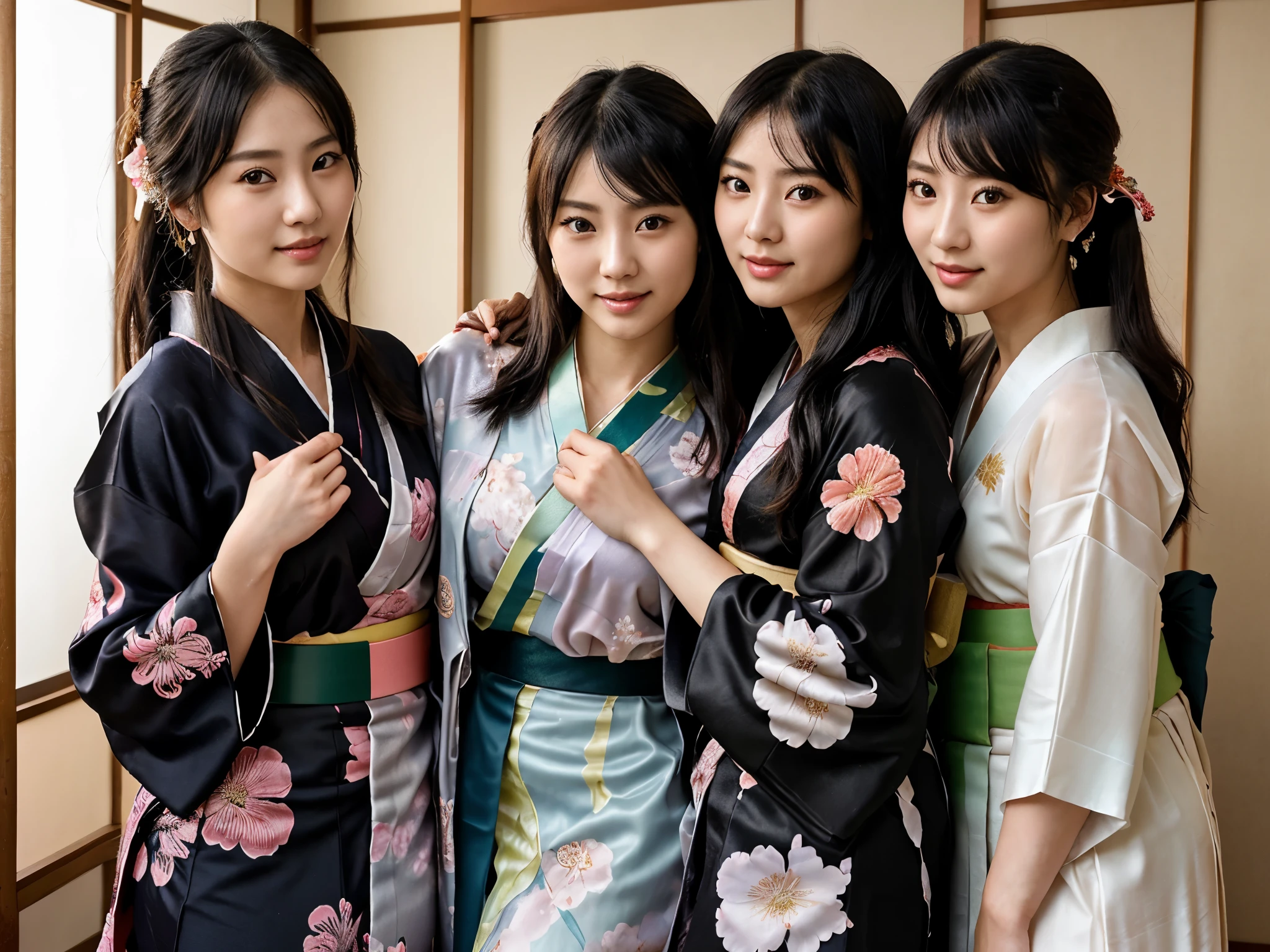 NSFW、最high quality、high quality、best image quality、8k、最High resolution、High resolution、最high quality、masterpiece、Depth of object being written、RAW photo、Group photo、realistic atmosphere、(detailed face)、(fine hands、thumb1reference4)、(beauty of japan )、very nice face、cute face、((beautiful japanese girl))、(日本people女性), ((multiple girls))、((Girls hugging each other2people))、((18 year old beautiful girl))、(glossy black hair)、(straight long hair)、(ponytail)、whole body、slim style、(shiny skin)、(Fair skin, Glossy skin)、本物のpeople間の皮膚、リアルなpeople体の構造、perfect body, perfect face, perfect hands, perfect fingers, perfect lips, perfect eyes,perfect teeth、perfect background, perfect atmosphere, natural soft light、photon mapping、samurai kimono、maiko kimono、attendant、geisha kimono、Japanese kimono、japanese traditional、((Kimono with floral pattern(Sheer、Sexy、Transparent、Erotic))、In front of a samurai residence in Japan、((Random color with floral pattern(samurai kimono、Hakama with slit))