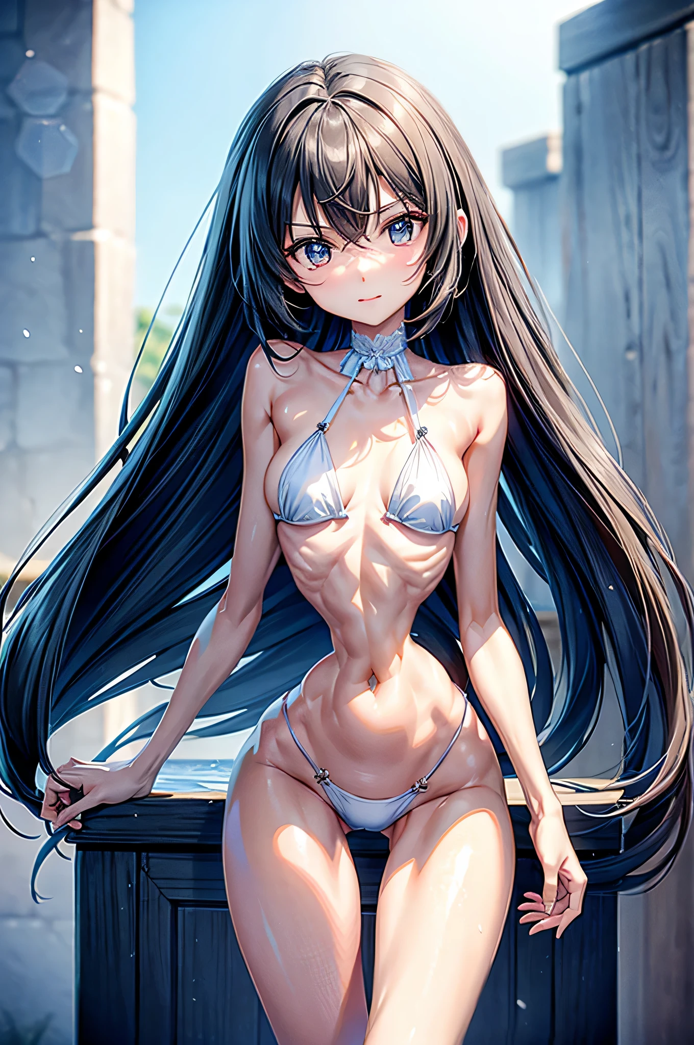 {Best quality:1.2},{{Masterpiece}},(Ultra-detailed:1.2),(Hyper-realistic:1.15), Glowing skin,hyper HD,HighestQuali,Extremely slim and thin waist,The ribs are very noticeable,The hip bone very noticeable,The pelvis very visible,(Extremely thin and slender body:1.2),(The legs are very slender and thin:1.3),Extremely correct hand structure,Ultimate hand detail,(extremely Slim:1.2),extremely Skinny,(extremely petite and small body:1.2),kawaii,bikini,长发