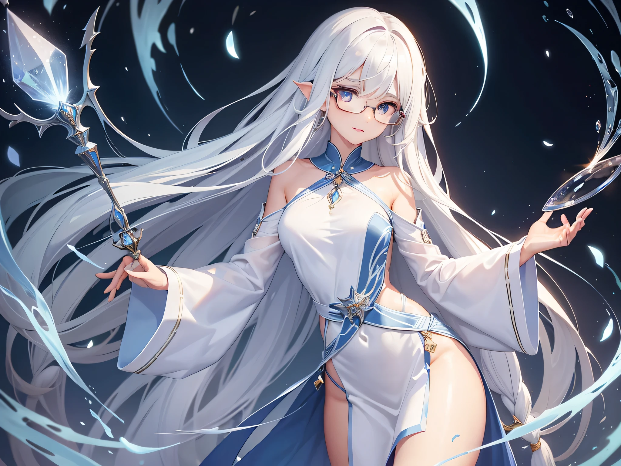 Professor Elowen Mistralight, a 25-year-old elf woman, medium height and delicate elf with silver hair, mysterious and penetrating light blue eyes, He wears a robe with patterns of wind and water, tight light blue fabric pants, long, with navy blue riding boots, the boots reach the knee, a magic wand and castle background, anime style. Individual image of her in full body. He is in action pose. Has one leg raised with the knee bent, His mouth is slightly open as if he had exercised a lot.. He has light skin. She has her hair down and blowing in the wind.. feminine and sexy body.