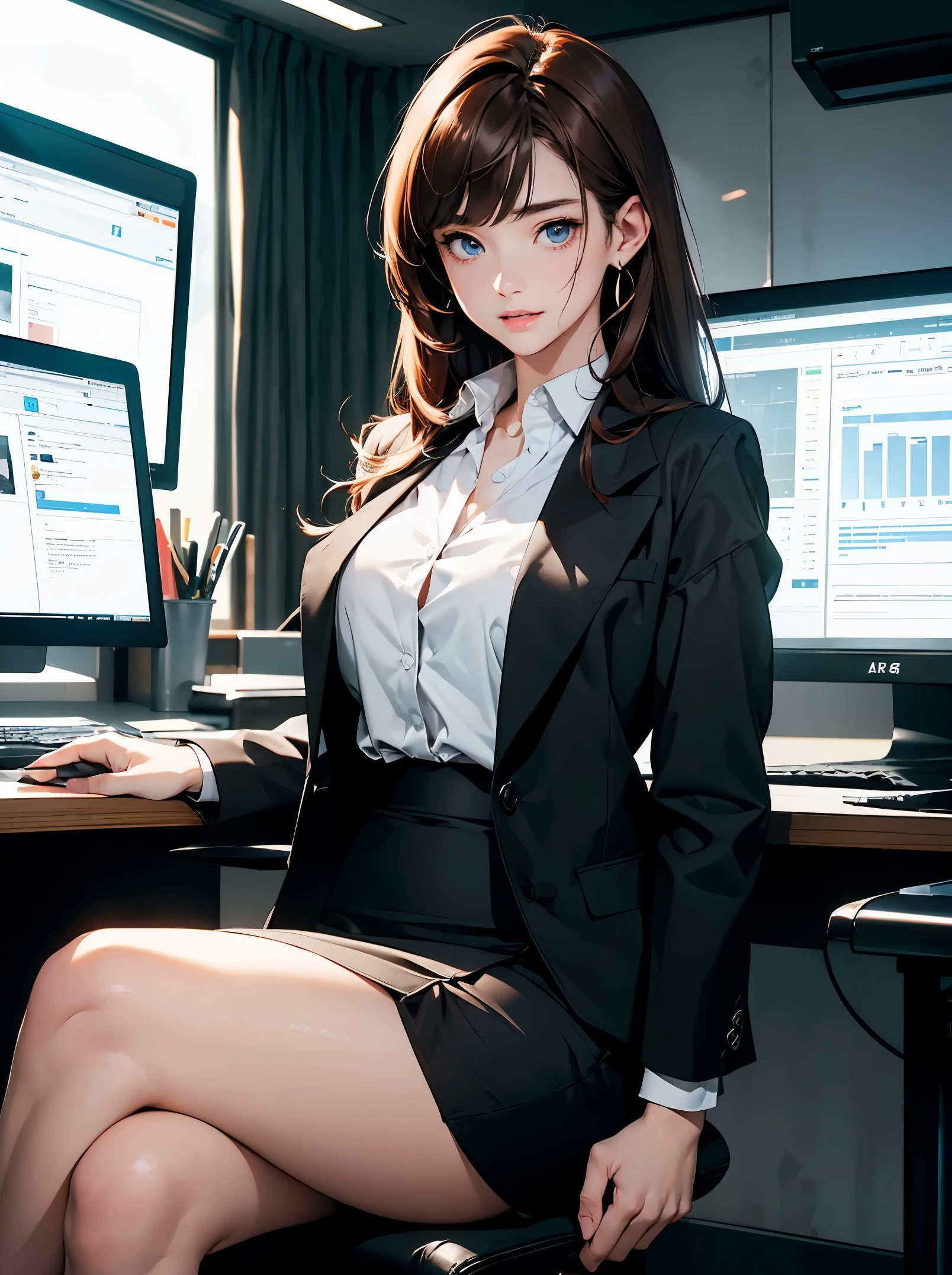 masterpiece、high resolution 8k、NSFW、sharp focus、contrast lighting、fine skin、muste piece、 highest quality、Ultra - High resolution、Super high resolution、Highly detailed CG、stock exchange、large office room、many large monitors、desk computer、trading、document、stock、chart screen、Horizontal focus male OL、woman is sitting on a chair、beautiful eyes、(Detailed face and iace:1 2)、narrow eyes、almond eye、Black pupil、eye gradation eye highlight:1.2)、(light reddish brown hair、middle、asymmetrical bangs)、(ID card、Blazer for office wear shortage、white cutter shirt、black pencil skirt、pumps)、(plump lips、gross、glossy lips、small breast size) 、(oval face : 1.4)、(thin fingers、fine arms、detailed human hand)、laughter half open、teeth visible