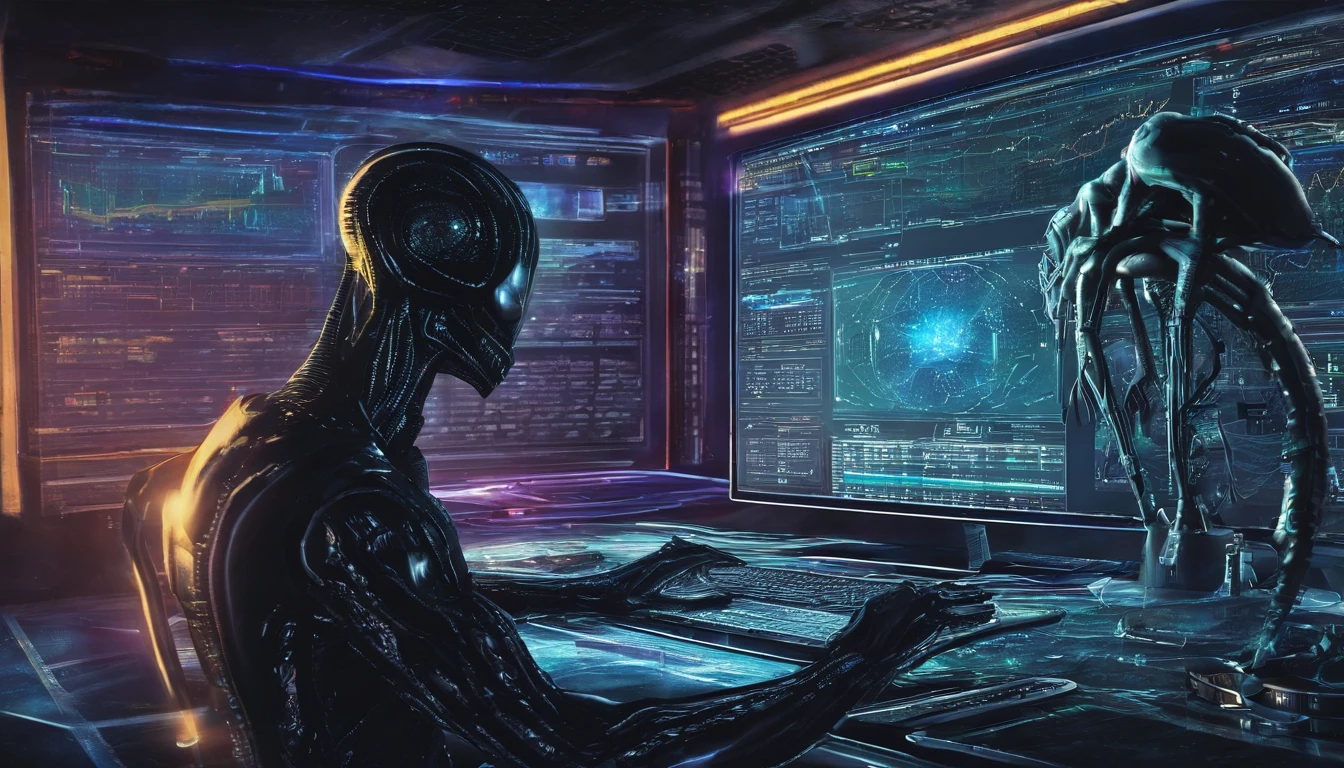 A man is drawing a candlestick chart on a computer, a space full of computers, mysterious