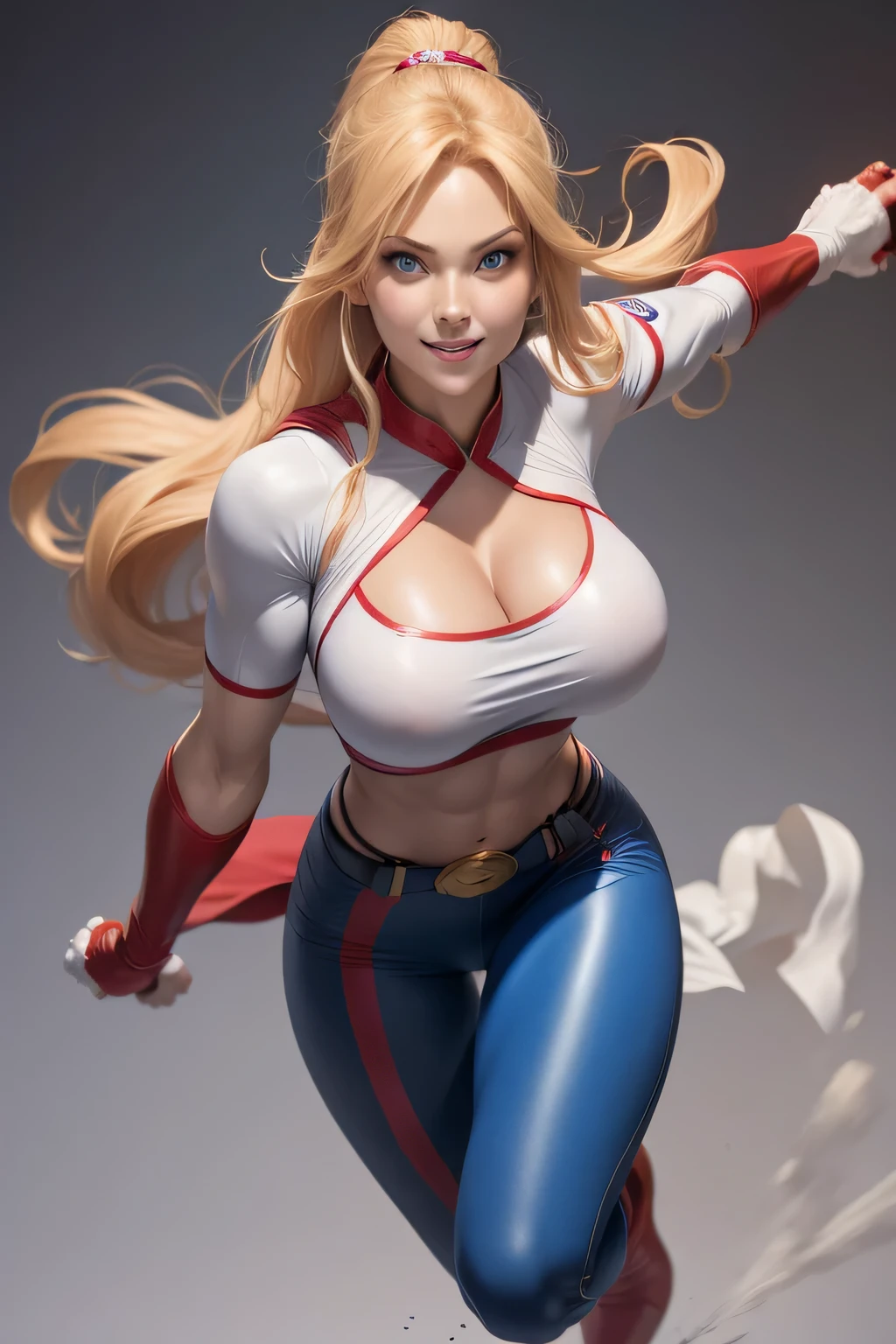 sexy Supergirl long blonde hair and blue eyes, black hairband, white croptop, short sleeves, red cape, blue pencil skirt, red boots, white gloves、attractive young woman, (pretty face:1.1), detailed eyes, luscious lips, (smoky eye makeup:0.85), (big breasts:1.5), (moving body:1.5), Five fingeroth arms、nipples、half pants、white belt、Pose ready to fight、Mischievous smile