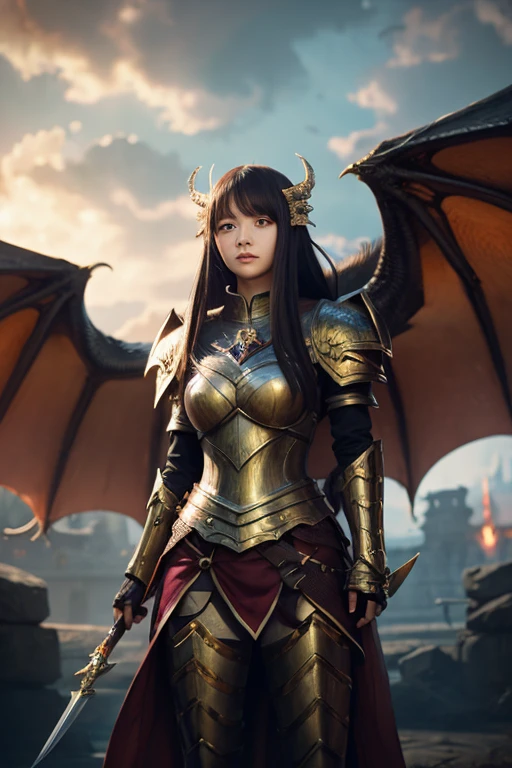 Anime – A stylish woman in armor with a dragon standing in front of a huge dragon、2.5 d CGI anime fantasy artwork、very beautiful berserker woman、anime fantasy artwork、dragon girl、Yang J作、Kushat Krenz Key Art Feminine、armor girl、anime fantasy illustration、Highly detailed artgerm、krenz cushartとartgerm、Cang