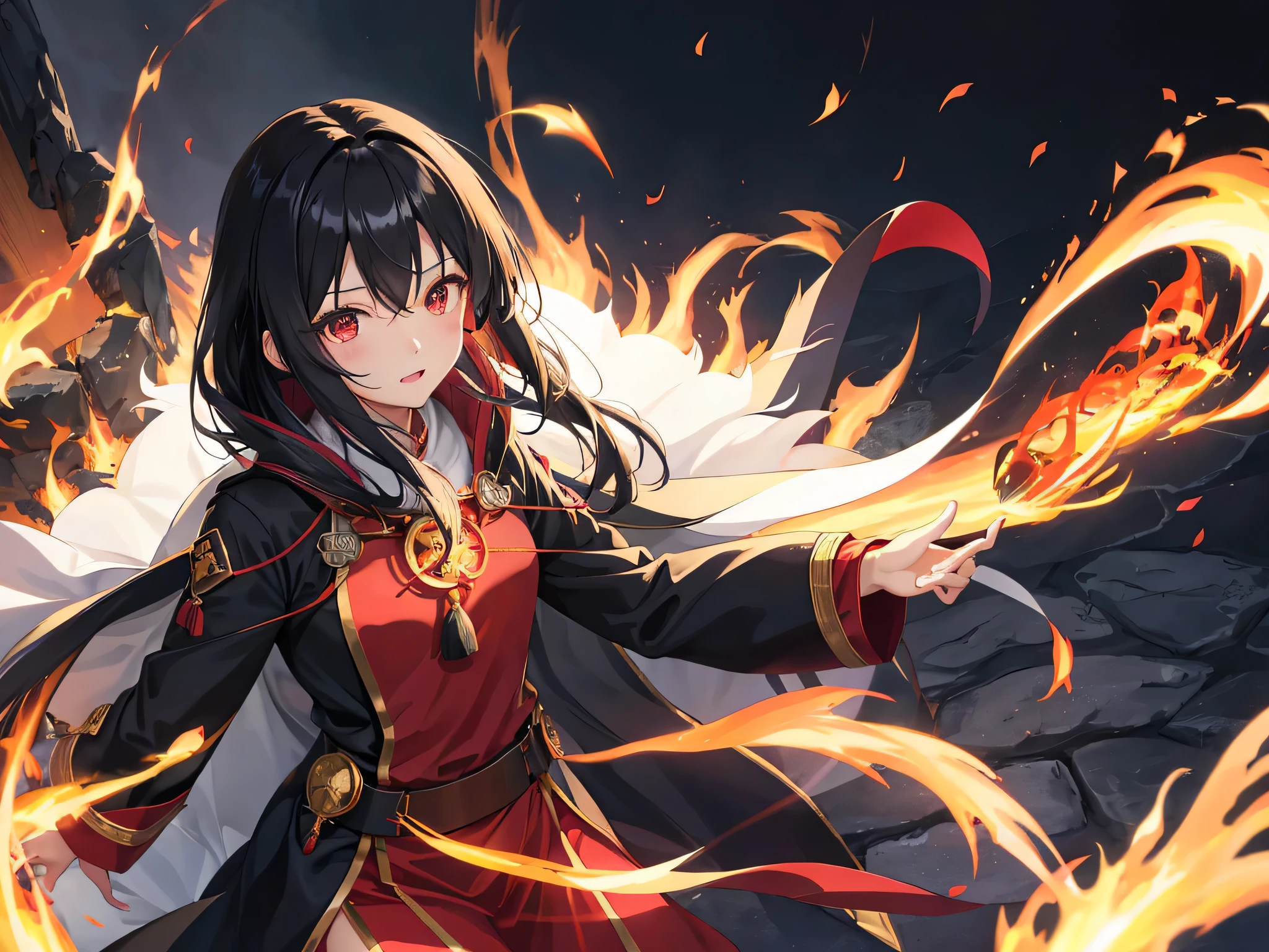 女の子1人、A dark-haired、Akame、Fire Witch、Bloods、Particles of light、llight rays、wall-、highcontrast、colourfull、Wearing flames