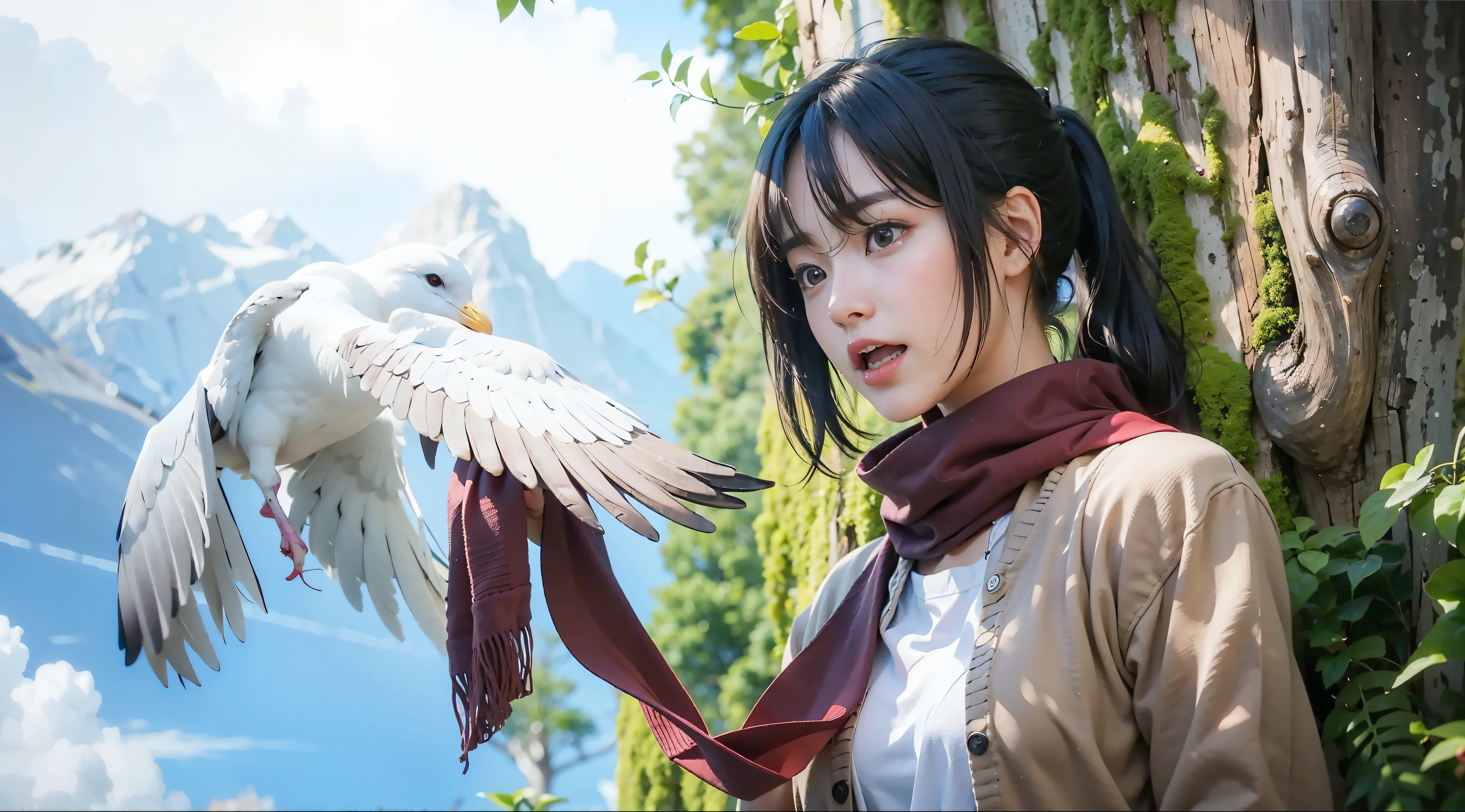 shedding tears、expression of surprise：1.1、鳥を見るfemale、profile、ponytail、hand knitted red scarf：1.3、seagull：1.2、white simple shirt、blue sky、１giant book tree、giant tree with moss、detailed hair、23 years old、female：1.2、black hair、movie writing、pink cardigan、white shirt、gray eyes、(best quality, 8K, 32K, muste piece, ticker:1.2)