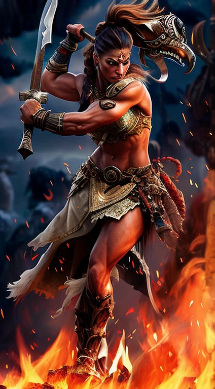 a poster of a woman in armor holding a sword in front of a fire, barbarian warrior woman, barbarian warrior, female barbarian, snoop dogg as a barbarian, muscular warrior women, a very beautiful berserker woman, female warrior, very beautiful female barbarian, ancient warrior, warrior woman, greek amazon warrior, barbarian, powerful warrior, male warrior, muscular female druid