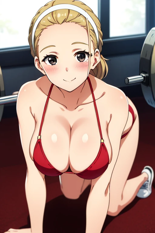 akebivol, hairband, black eyes, smile, blush, red micro bikini, (sagging breast, pointy large breast), (all fours), (cleavage, breast focus), looking at viewer, gym