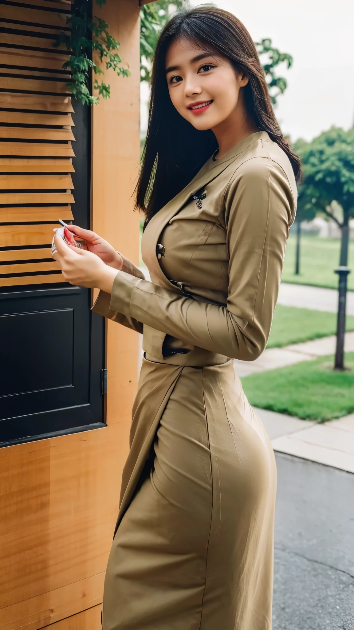 1 beautiful girl,perfect details sweet smile face,glare eyes,acmm ls outfit, wearing acmm top, olive green acmm top, long sleeves, wearing acmm long skirt, olive green acmm long skirt, printed skirt,high res,8k raw photo,photorealistic,details