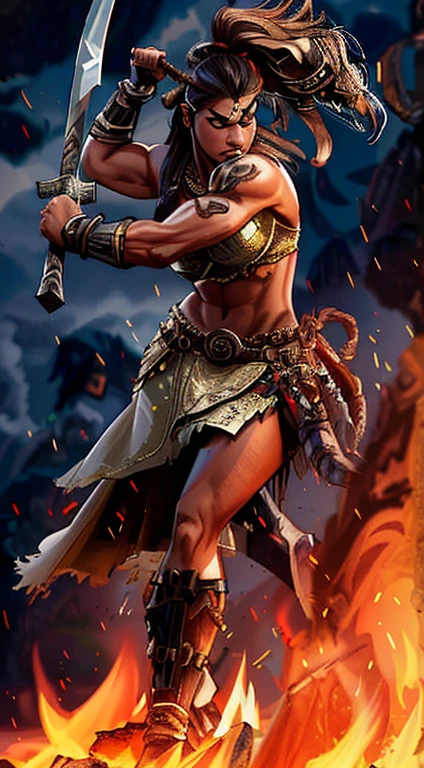 a poster of a woman in armor holding a sword in front of a fire, barbarian warrior woman, barbarian warrior, female barbarian, snoop dogg as a barbarian, muscular warrior women, a very beautiful berserker woman, female warrior, very beautiful female barbarian, ancient warrior, warrior woman, greek amazon warrior, barbarian, powerful warrior, male warrior, muscular female druid