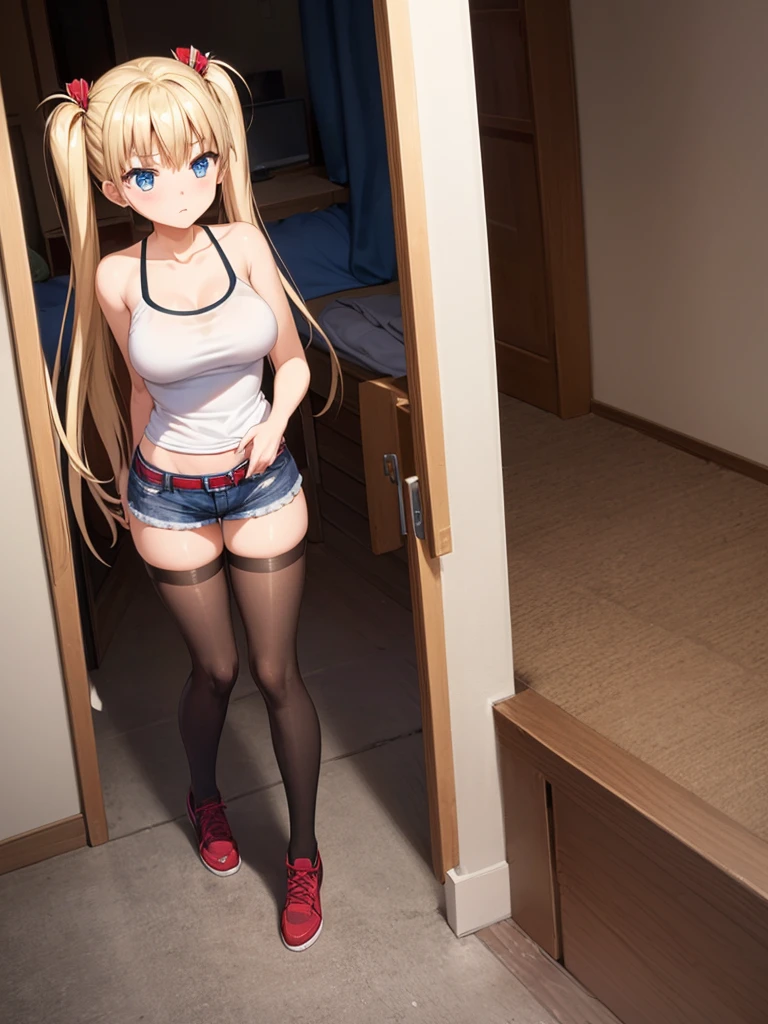 1girl, akizuki airi, blue eyes, blonde_hair, twintails, very_long_hair, she is wearing it in her hair_ornament red, hair_scrunchie red, medium_breasts, wearing a white tank top, some blue jean shorts, with a red belt, She is wearing thigh high stockings, full body, she is standing in the room, ranking: explicit