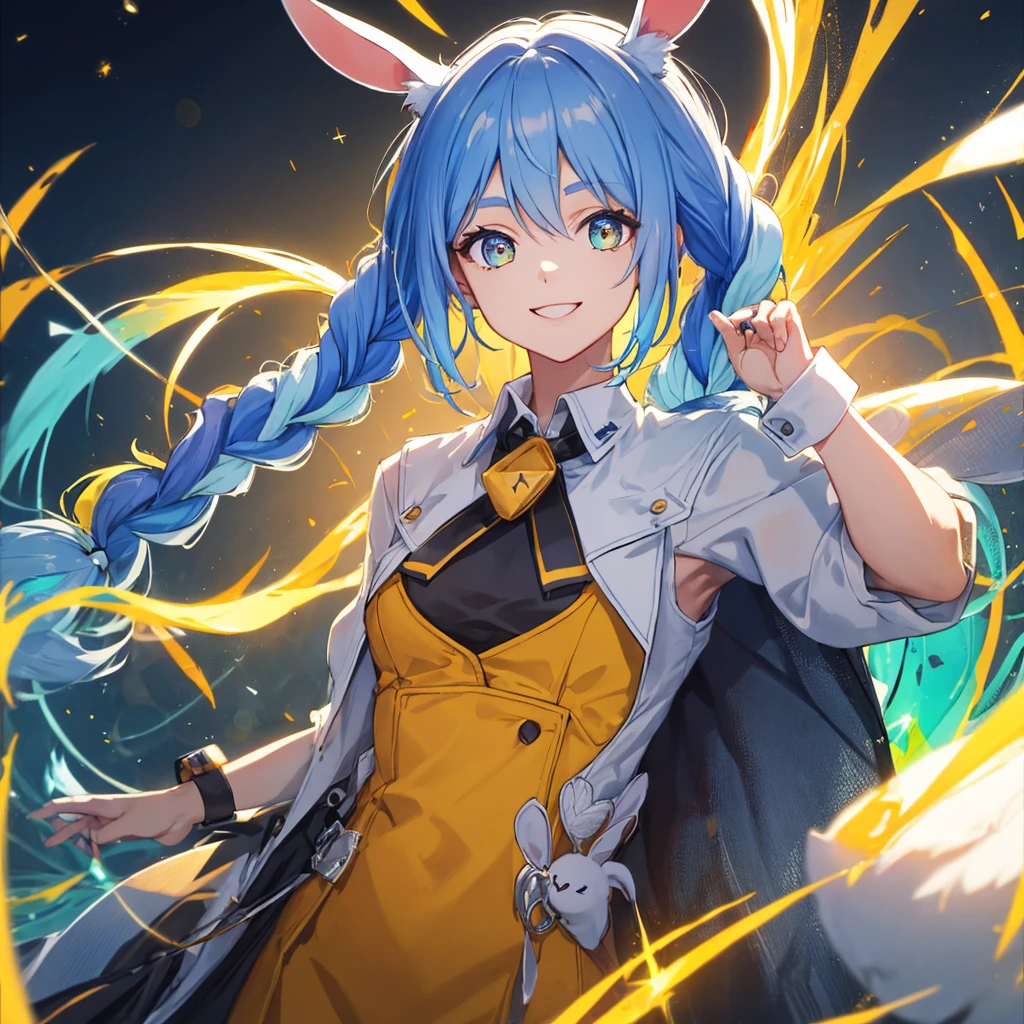 (shape: Used Pecora), Bunny girl, blue hair, twin braids, girl, alone, {{masterpiece}}, highest quality, Highly detailed CG Unity 8k wallpaper, cinematic lighting, Lens flare, beautiful detail eyes, side line, colorful light, particle, (colorful:1.5), (colorful hair:1.5),smile