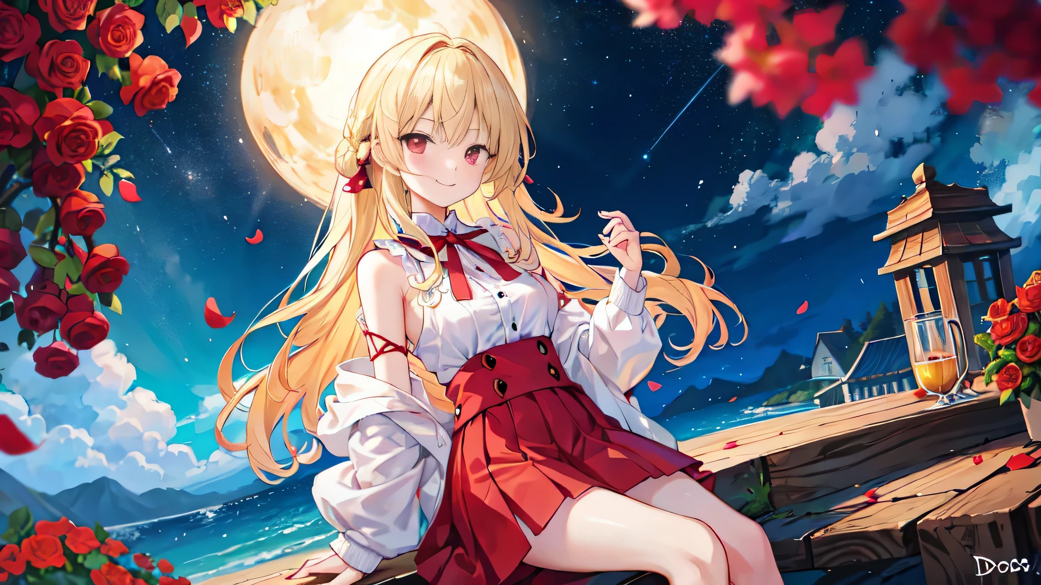 Wavy blonde、1 girl with red eyes、独奏、doress、off shoulders、a miniskirt、Sitting surrounded by roses、A smile