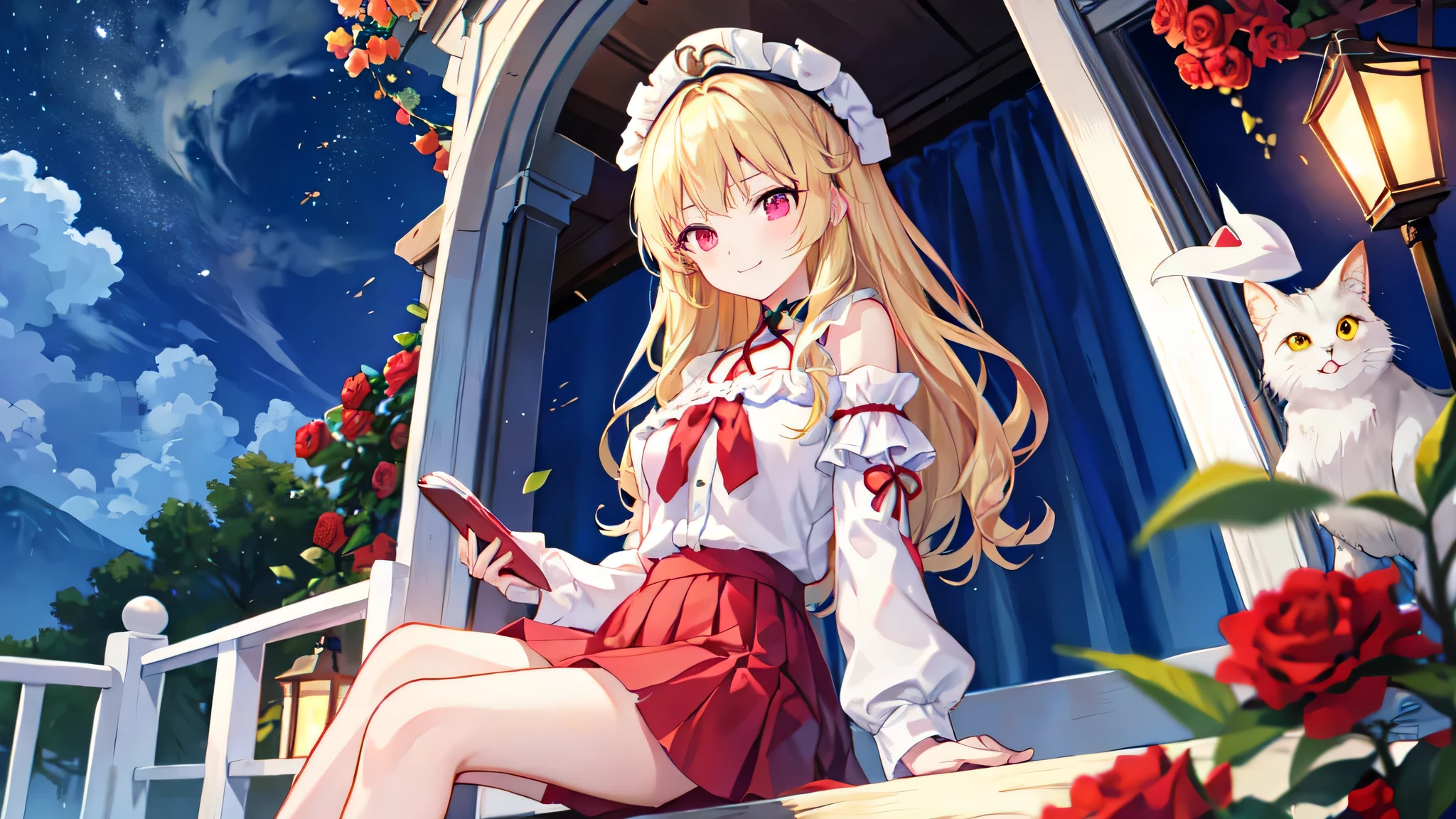 Wavy blonde、1 girl with red eyes、独奏、doress、off shoulders、a miniskirt、Sitting surrounded by roses、A smile