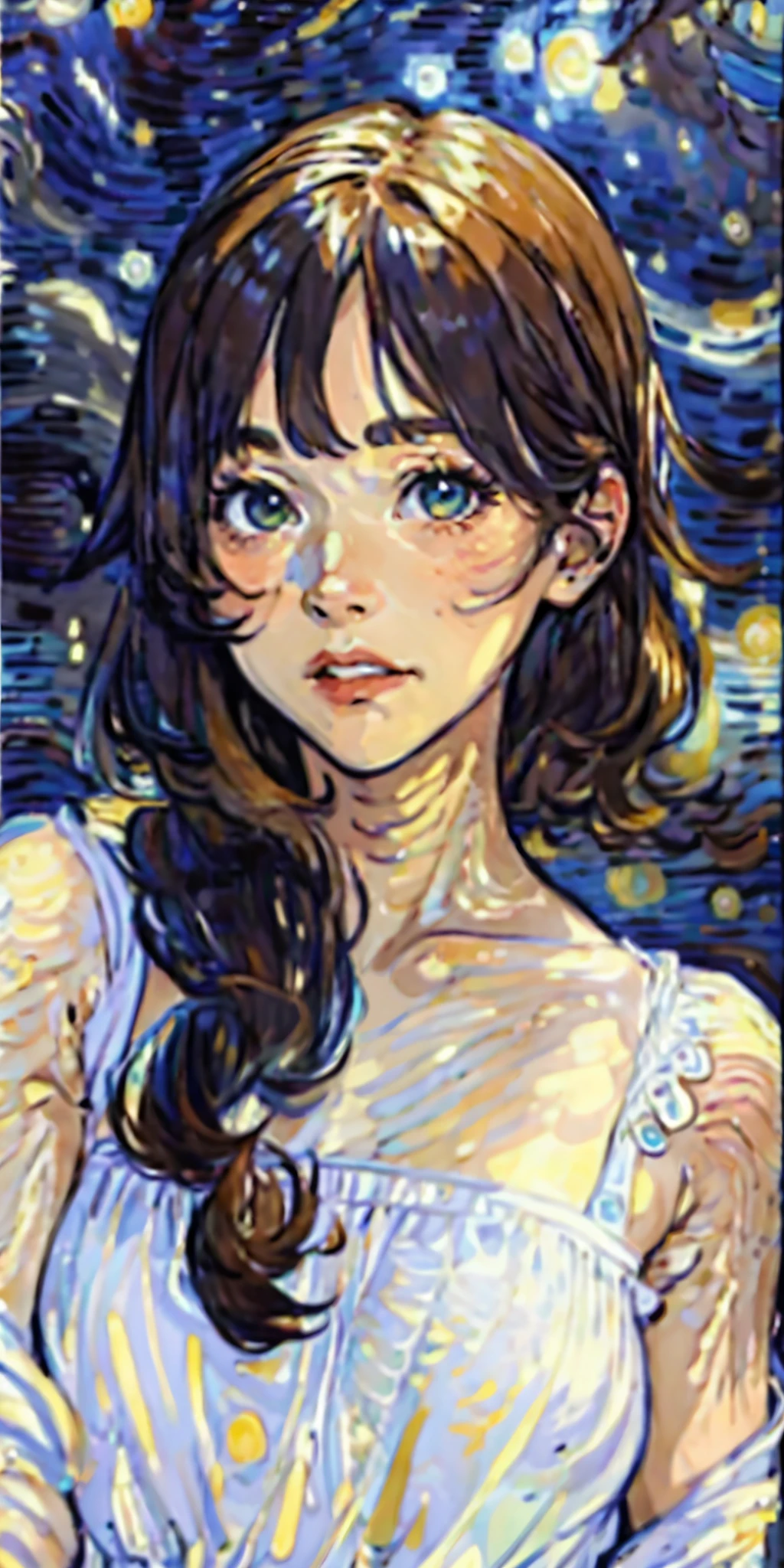 VincentWillemvanGogh style,1girl,solo,looking at viewer,White clothes，brown hair，Background Van Gogh  Starry Night，微笑