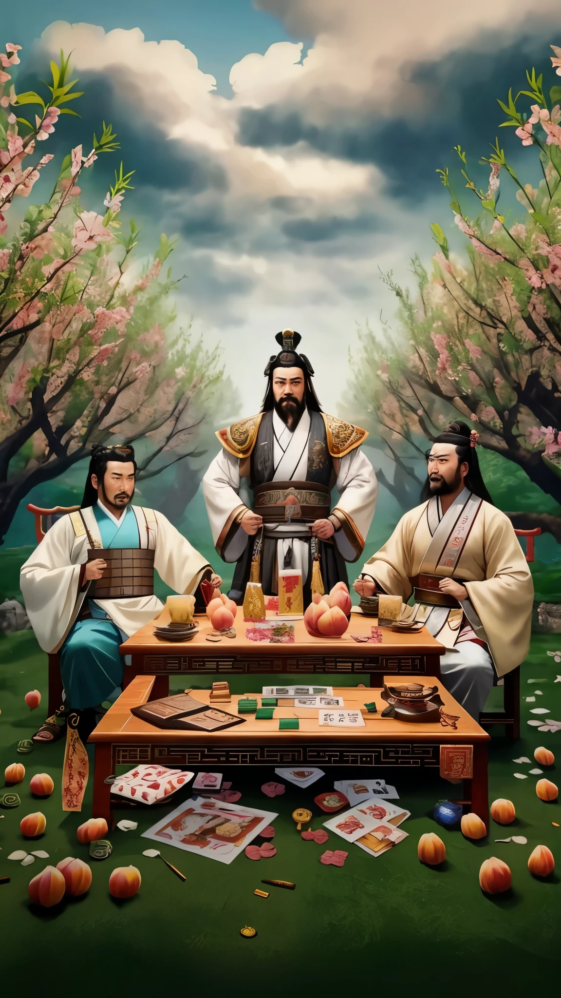 Liu Bei, Guan Yu, Zhang Fei sat around the table,French and German pictures with peaches, chinese three kingdomss, from three kingdomss, three kingdomss, three kingdoms, Chinese hyper reality, Chinese fantasy, Emperor Xuande, Doujinshi, official artwork, Japanese Feudal Art, inspired by Wu Daozi, inspired Emperor Xuande, card game illustration, Chinese mythology