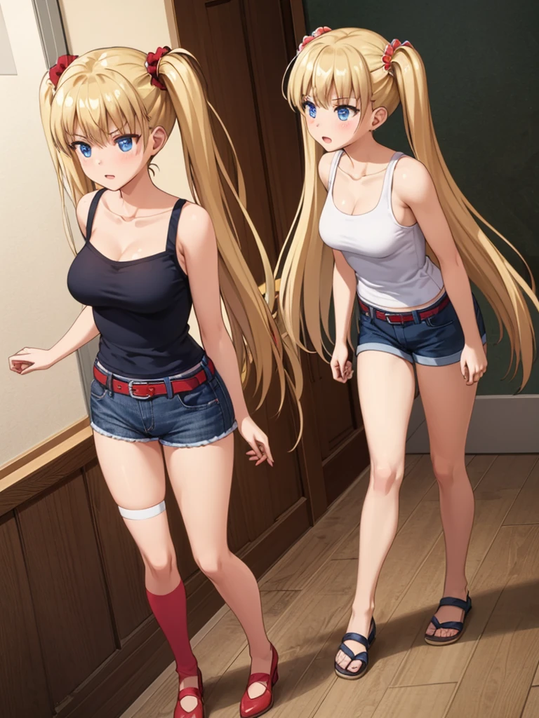 1girl, akizuki airi, blue eyes, blonde_hair, twintails, very_long_hair, she is wearing it in her hair_ornament red, hair_scrunchie red, medium_breasts, wearing a white tank top, some blue jean shorts, with a red belt, She is wearing thigh high stockings, full body, she is standing in the room, ranking: explicit