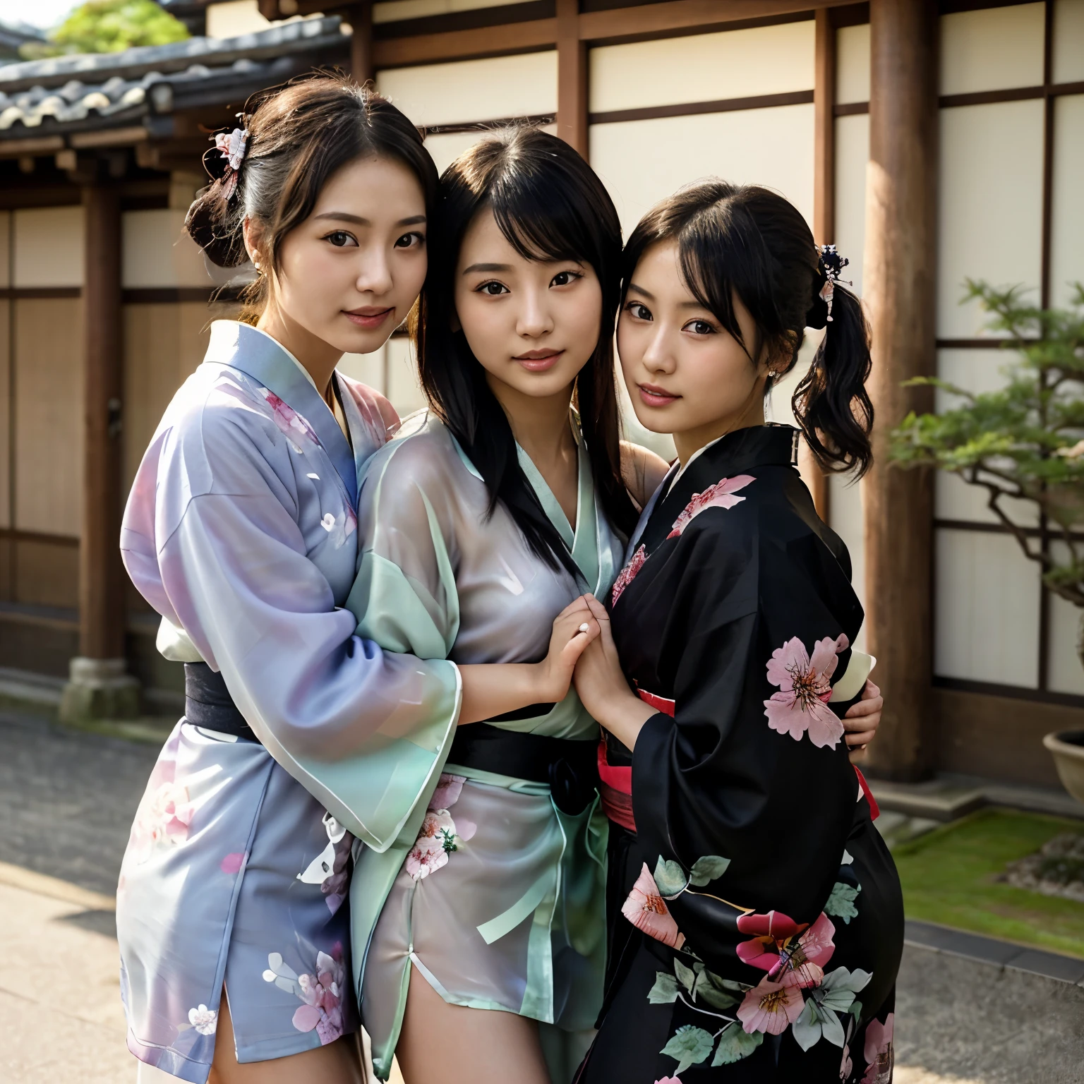 NSFW、最high quality、high quality、best image quality、8k、最High resolution、High resolution、最high quality、masterpiece、Depth of object being written、RAW photo、Group photo、realistic atmosphere、(detailed face)、(fine hands、thumb1reference4)、(beauty of japan )、very nice face、cute face、((beautiful japanese girl))、(日本people女性), ((multiple girls))、((Girls hugging each other2people))、((18 year old beautiful girl))、(glossy black hair)、(straight long hair)、(ponytail)、whole body、slim style、(shiny skin)、(Fair skin, Glossy skin)、本物のpeople間の皮膚、リアルなpeople体の構造、perfect body, perfect face, perfect hands, perfect fingers, perfect lips, perfect eyes,perfect teeth、perfect background, perfect atmosphere, natural soft light、photon mapping、samurai kimono、maiko kimono、attendant、geisha kimono、Japanese kimono、Kimono up to the waist、short kimono、japanese traditional、((Kimono with floral pattern(Sheer、Sexy、Transparent、Erotic))、In front of a samurai residence in Japan、((Random color with floral pattern(samurai kimono、Hakama with slit))