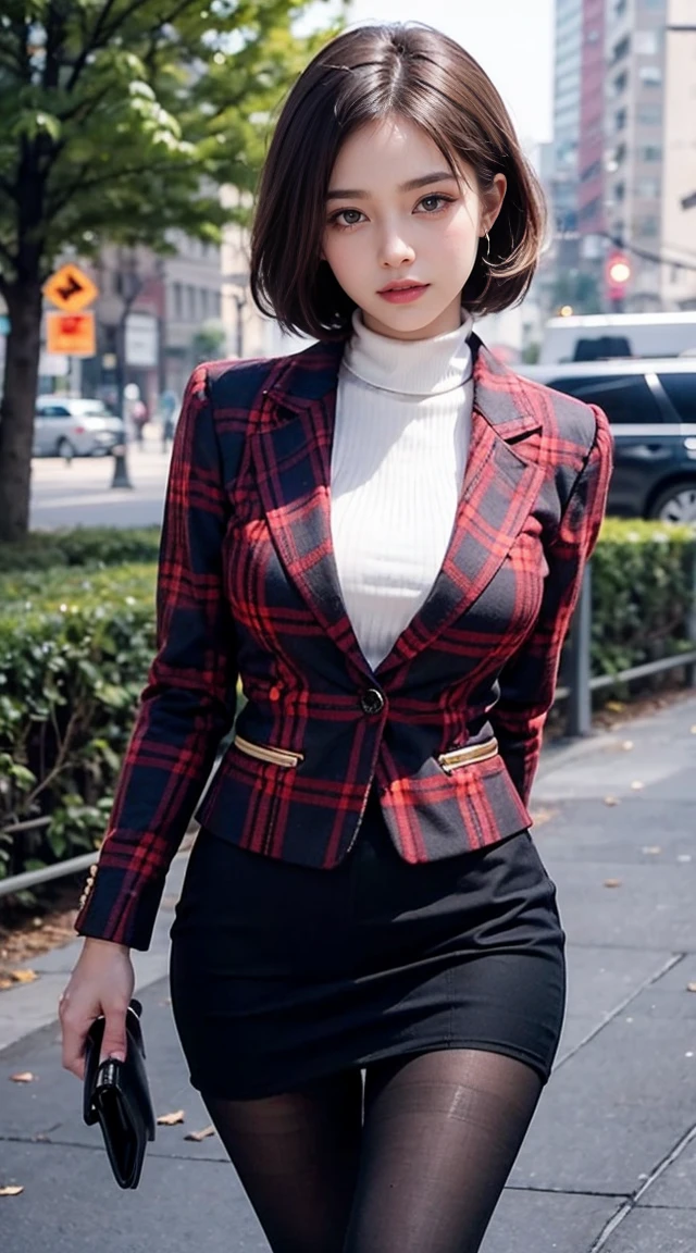 ((Downtown in Phuket)), (Walking along the street), (masterpiece:1.3), light makeup, red lips, beautiful hair, Black hair, (Medium hair:1.3), elegant, soft lighting, Very fine details, masterworks, authentic texture, perfect work, (1 girl), (One Woman), 16k, high resolution, exquisite features, brown eyes, (Ultra-high resolution eye:1.1), Japanese idol, beautiful face, ((artists work)), (photorealism:1.2), (gentle smile like a goddess), attractive, well-shaped breasts, beautiful cleavage, shiny skin, smooth skin, BREAK, ((dark red plaid single-breasted blazer with White T-shirt:1.5)),((High-waisted flared jumper skirt with blue belt:1.3)), earrings, necklace, BREAK, Full-body, walking position, (Walking through the weekend market), (Model pose with legs apart), BREAK, Place your hands behind your back, (Asking for a kiss:1.2), (lovely smile), shoot from above, (Close up:1.2),