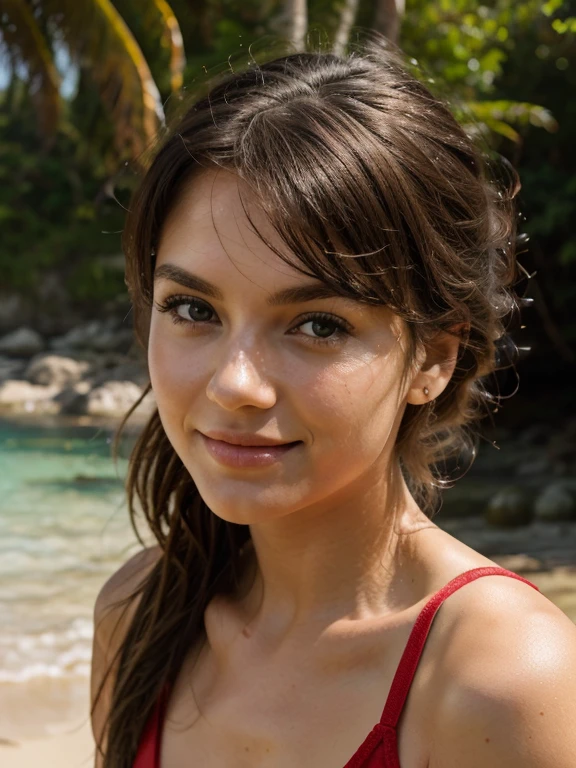 25 ans, brune, yeux marrons, delicate, professional light, flash lit, poudre de contour, sexy, French touch, cheveux de longueur moyenne, grains de beauté, sourire romantique, Seductive look, pose coquine, bonne couverture, éclairée par les flashs des photographes, skin details, pores de la peau, Appareil photo numérique Kodak Smile 10MP, tendance on Behance, colorful clothes, ornement de cheveux, hairclip, cheveux moyens, rougit, (des mains parfaites) , in a mountain river, , topless, wet hair