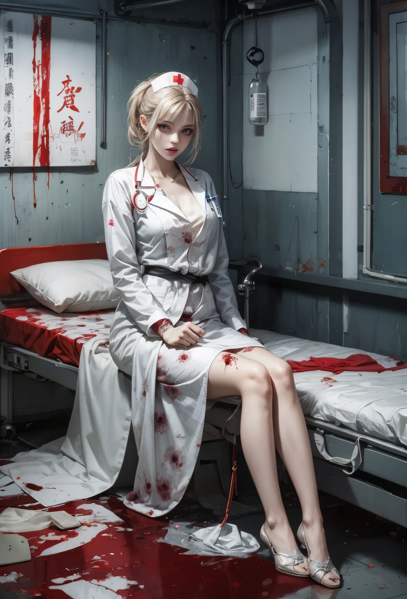 (detailed illustrations,Very detailed and precise drawing,Delicate drawn lines with tempo,Realistic texture expression),[color traced main line],Inorganic concrete room[Night Hospital],(Japan adult female[28 years old](Zombie Nurse))tied hair [SKINNY((small chest))][pale skin](sickly look[Silver eyes]),[[bandage]bondage fashion],[blood return],(Fine and beautiful skin expression [transparency]),[precisely drawn hair],(完璧な手のdetailed [Beautiful fingers with no damage [beautiful nails]]),(perfect anatomy(perfectly balanced proportions))[[full body portrait]],[ideal color coordination(Accurate simulation of light and material interactions)],([Precision Detail](detailed,High definition)),[[Pale and gentle colors]][Visual art that tells a story] [[Eros in the Natural Body]].