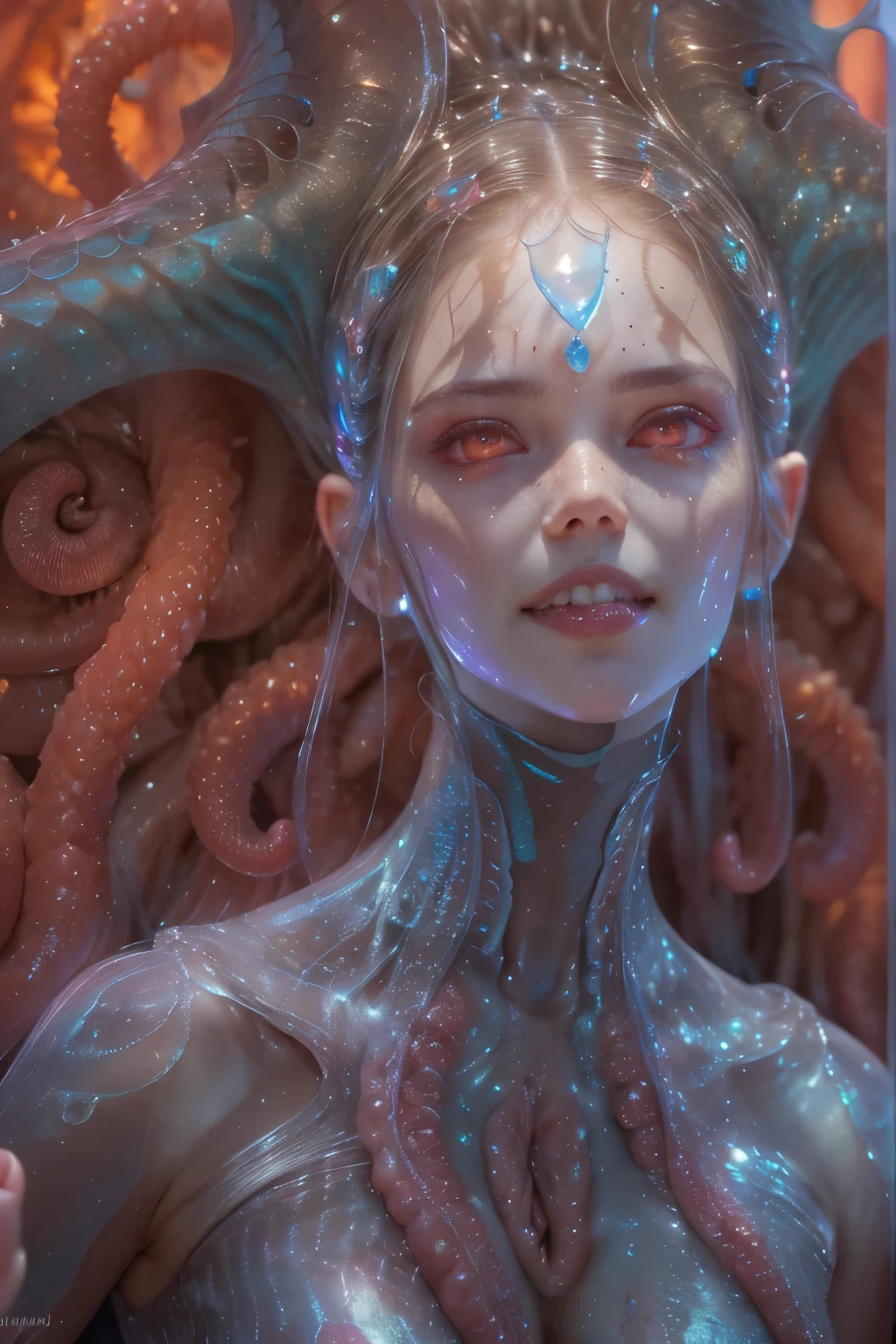 scary and sexy detailed art in color, Portrait, (beautiful and obscene female alien:1.4), (vulgarity1.5), (she has red eyes with no pupils:1.8), (Translucent skin:1.7), (There is a female genital-like organ in the middle of the forehead:1.9), (The most beautiful face in the history of the universe:1.2),an evil gaze that seduces, (large mouth:1.1), (sharp teeth like a vampire:1.2), Full body portrait, (bio luminescent:1.5), (Smile wickedly:1.3), (sexypose:1.5), alien, No humans, cells are fused, (Lots of translucent tentacles:1.3) extraterrestrial, cell, bio image, best quality, 8K,In 4K_quality, High freshness, Dramatic Lighting, masutepiece:1.5,cinematic quality, detail up, (exquisite details:1.2), high resolution, High freshness, drawing faithfully, (Thick eyebrows:1.2), Beautiful eyes with fine symmetry,(Highly detailed face and eyes:1.2), Intimate face, (Super detailed skin quality feeling:1.4), perfect anatomy, (Beautiful toned body:1.5), (Moist skin:1.2), not wearing makeup, (dark circles:1.1), long canines, cinematic drawing of characters, ultra high quality model, cinematic quality, detail up, (exquisite details:1.2), high resolution, High freshness, drawing faithfully, official art, Unity 8K Wall , 8K Portrait, best quality, Very high resolution, ultra detailed artistic photography, midnight aura, unreal engine 5, Ultra Sharp Focus, art by Amano Yoshitaka, ArtGerm, Roisch, intricate artwork, best quality, masterpiece, ultra high resolution, (photos realistic:1.4), ultra realistic realism, dream-like, nautilus, Creation of fantasy, Snail, Dream Snail, (biopunk nautilus:1.3),Thrilling color schemes, ultra realistic realism, seductively smiling, Blue tentacles,