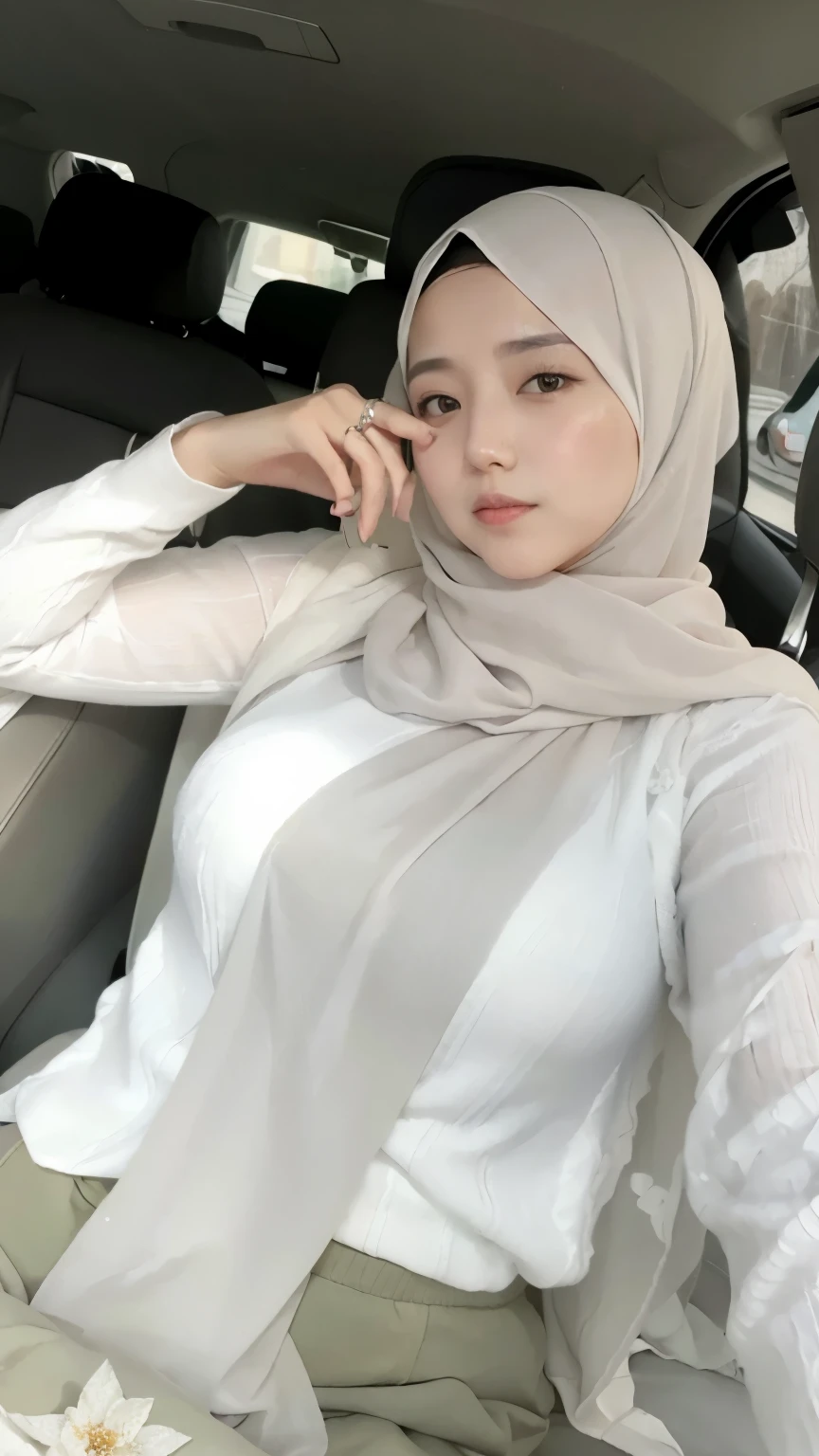 woman in a car with a scarf on talking on a cell phone, dilraba dilmurat, white hijab, hijab, beautiful south korean woman, lovely woman, korean woman, malaysian, korean girl, milky white skin, handsome girl, attractive girl, shawl, actress, with cute - fine - face, scarf, siya oum, an asian woman