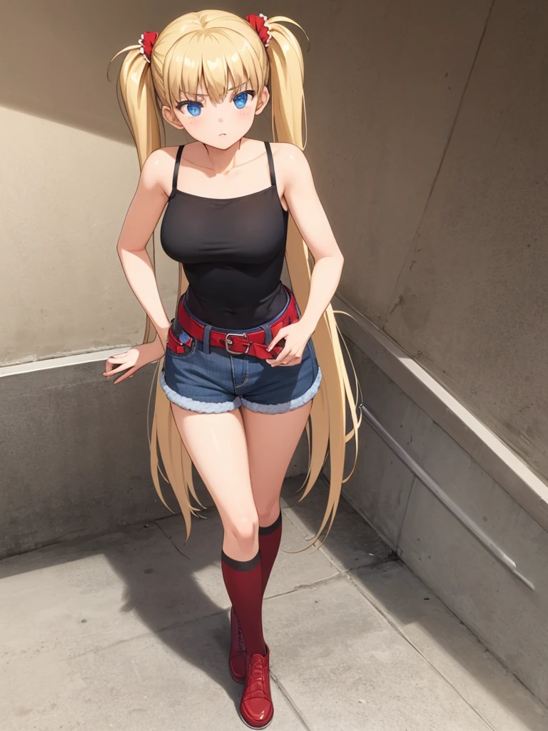 1girl, akizuki airi, blue eyes, blonde_hair, twintails, very_long_hair, she is wearing it in her hair_ornament red, hair_scrunchie red, medium_breasts, wearing a white tank top, some blue jean shorts, with a red belt, She is wearing thigh high stockings, full body, she is standing in the room, ranking: explicit