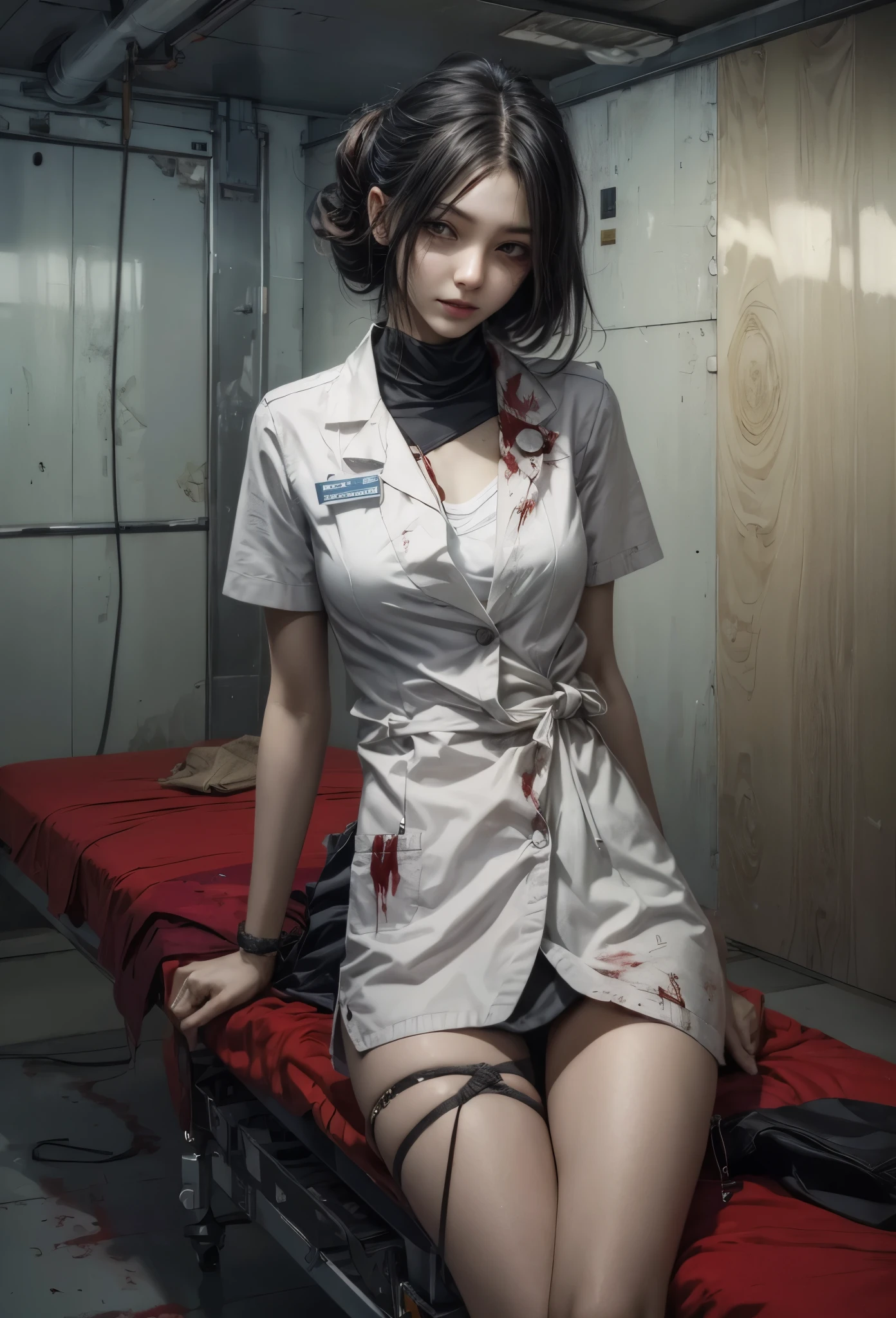 (detailed illustrations,Very detailed and precise drawing,Delicate drawn lines with tempo,Realistic texture expression),[color traced main line],Inorganic concrete room[Night Hospital],(Japan adult female[28 years old](Zombie Nurse))tied hair [SKINNY((small chest))][pale skin](sickly look[Silver eyes]),[[bandage]bondage fashion],[blood return],(Fine and beautiful skin expression [transparency]),[precisely drawn hair],(完璧な手のdetailed [Beautiful fingers with no damage [beautiful nails]]),(perfect anatomy(perfectly balanced proportions))[[full body portrait]],[ideal color coordination(Accurate simulation of light and material interactions)],([Precision Detail](detailed,High definition)),[[Pale and gentle colors]][Visual art that tells a story] [[Eros in the Natural Body]].