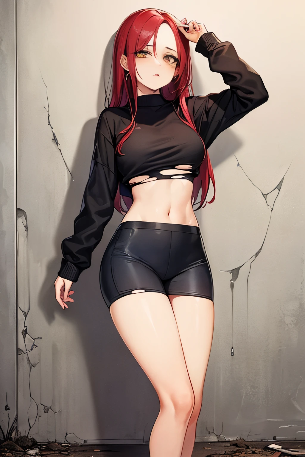 (((beautiful woman))), ((high quality)), ((best quality)), ((perfect face)), long straight red hair, yellow eyes, medium breasts, small waist, very thin, medium hips, medium thighs, (((deep dark circles))), ((eyes dull)), ((disheveled hair)), (((drug addict))), (oversize gray sweatshirt), (black leggings), white sneakers, ((dirty)), ((torn clothes)), (skin bruises), in a dirty alley,