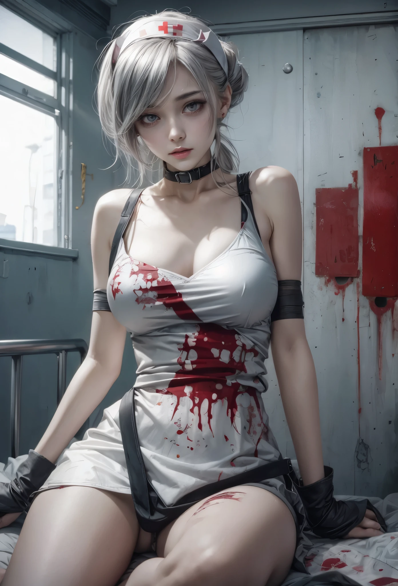 (detailed illustrations,Very detailed and precise drawing,Delicate drawn lines with tempo,Realistic texture expression),[color traced main line],Inorganic concrete room[Night Hospital],(Japan adult female[28 years old](Zombie Nurse))tied hair [SKINNY((small chest))][pale skin](sickly look[Silver eyes]),[[bandage]bondage fashion],[blood return],(Fine and beautiful skin expression [transparency]),[precisely drawn hair],(完璧な手のdetailed [Beautiful fingers with no damage [beautiful nails]]),(perfect anatomy(perfectly balanced proportions))[[full body portrait]],[ideal color coordination(Accurate simulation of light and material interactions)],([Precision Detail](detailed,High definition)),[[Pale and gentle colors]][Visual art that tells a story] [[Eros in the Natural Body]].