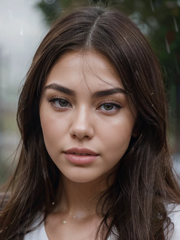 Ultra detailed portrait mixture of Corinna Kopf and Madison Beer, model, jaw line, smooth skin, perfect face, straight hair around her face, straight dark blonde hair, grey eyes, perfect woman, rainy weather, hd, 4k ultra, detailed, (Photorealistic