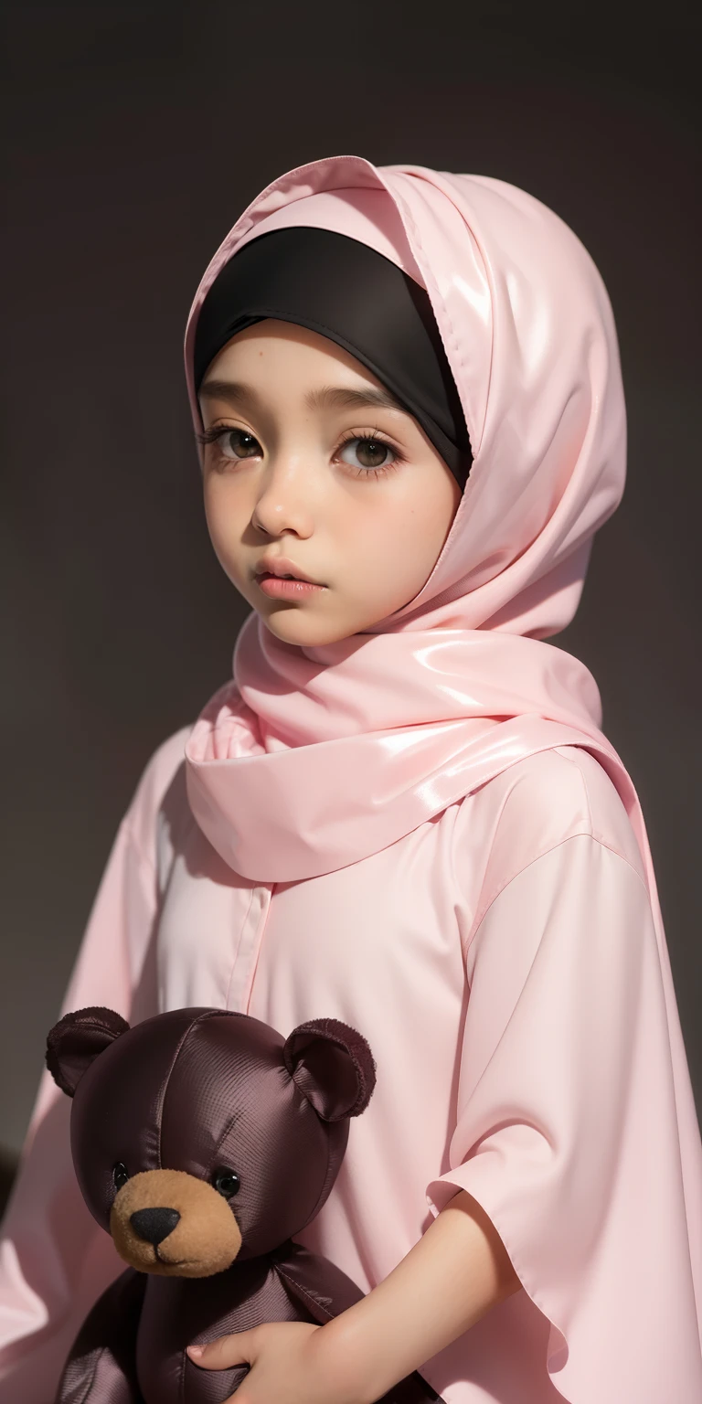 (HIJAB little girl), Skinny pink satin hijab girl naked (SHINY DARK SKIN), SADNESS , teddy bear 