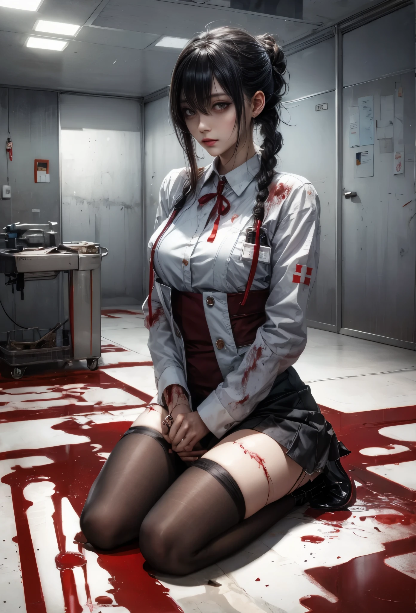 k hd，Kizi，Bloody face，bloodstained clothes，wounded，zombie，nurse's outfit，an empty hallway，hospitals，bite mark，Scratched clothes，Damaged clothes，messy  hair，white stockings，No shoes，Open-mouthed，