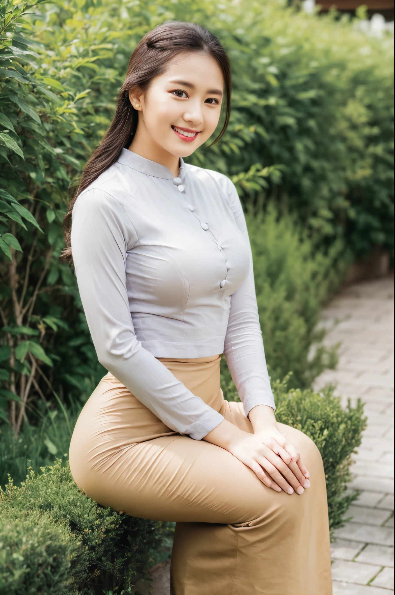 1 beautiful girl,perfect details sweet smile face,glare eyes,acmm ls outfit, wearing acmm top, olive green acmm top, long sleeves, wearing acmm long skirt, olive green acmm long skirt, printed skirt,high res,8k raw photo,photorealistic,details