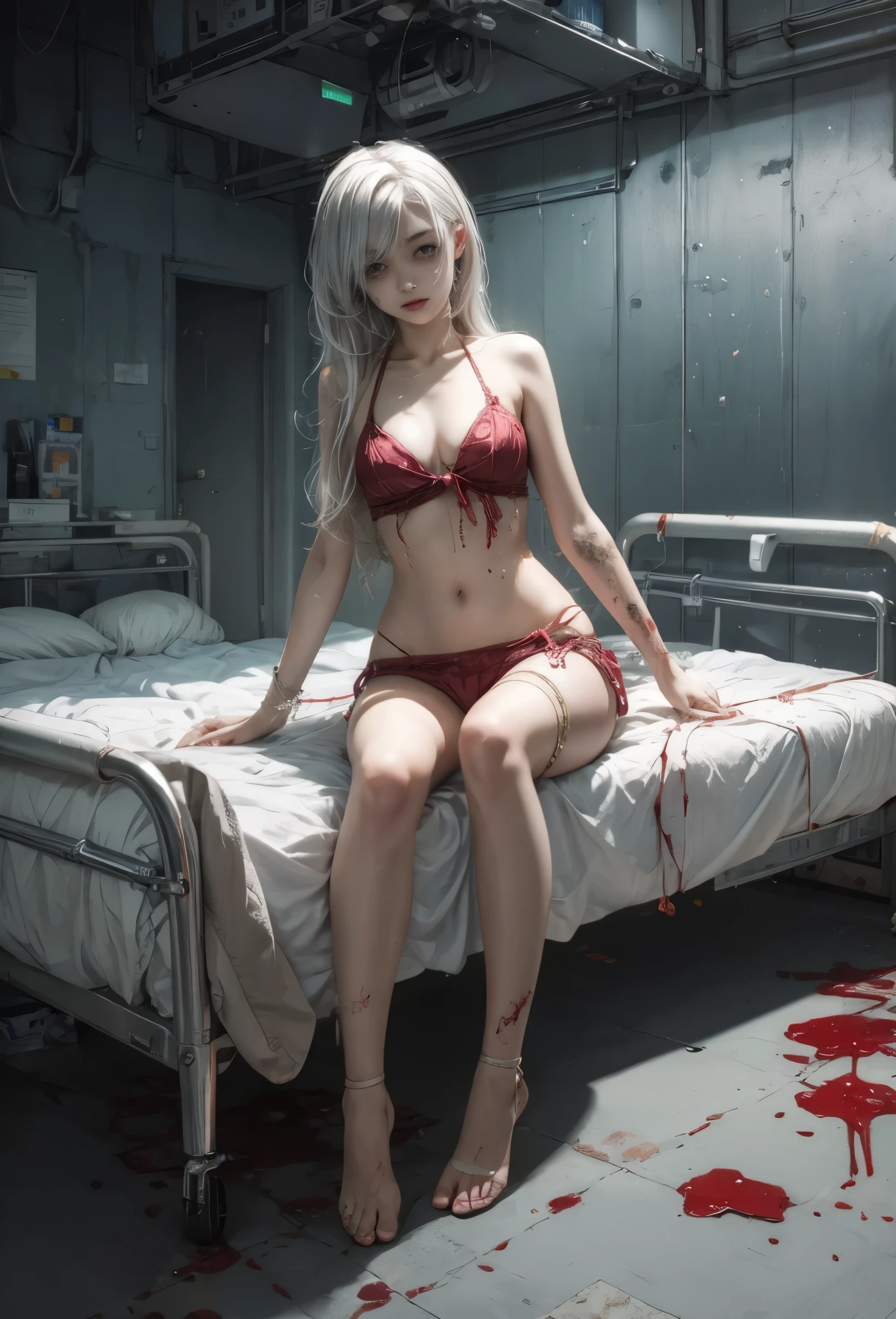(detailed illustrations,Very detailed and precise drawing,Delicate drawn lines with tempo,Realistic texture expression),[color traced main line],Inorganic concrete room[Night Hospital],(Japan adult female[28 years old](Zombie Nurse))tied hair [SKINNY((small chest))][pale skin](sickly look[Silver eyes]),[[bandage] fashion],[blood return],(Fine and beautiful skin expression [transparency]),[precisely drawn hair],(完璧な手のdetailed [Beautiful fingers with no damage [beautiful nails]]),(perfect anatomy(perfectly balanced proportions))[[full body portrait]],[ideal color coordination(Accurate simulation of light and material interacrecision Detail](detailed,High definition)),[[Pale and gentle colors]][Visual art that tells a story] [[Eros in the Natural Body]].
