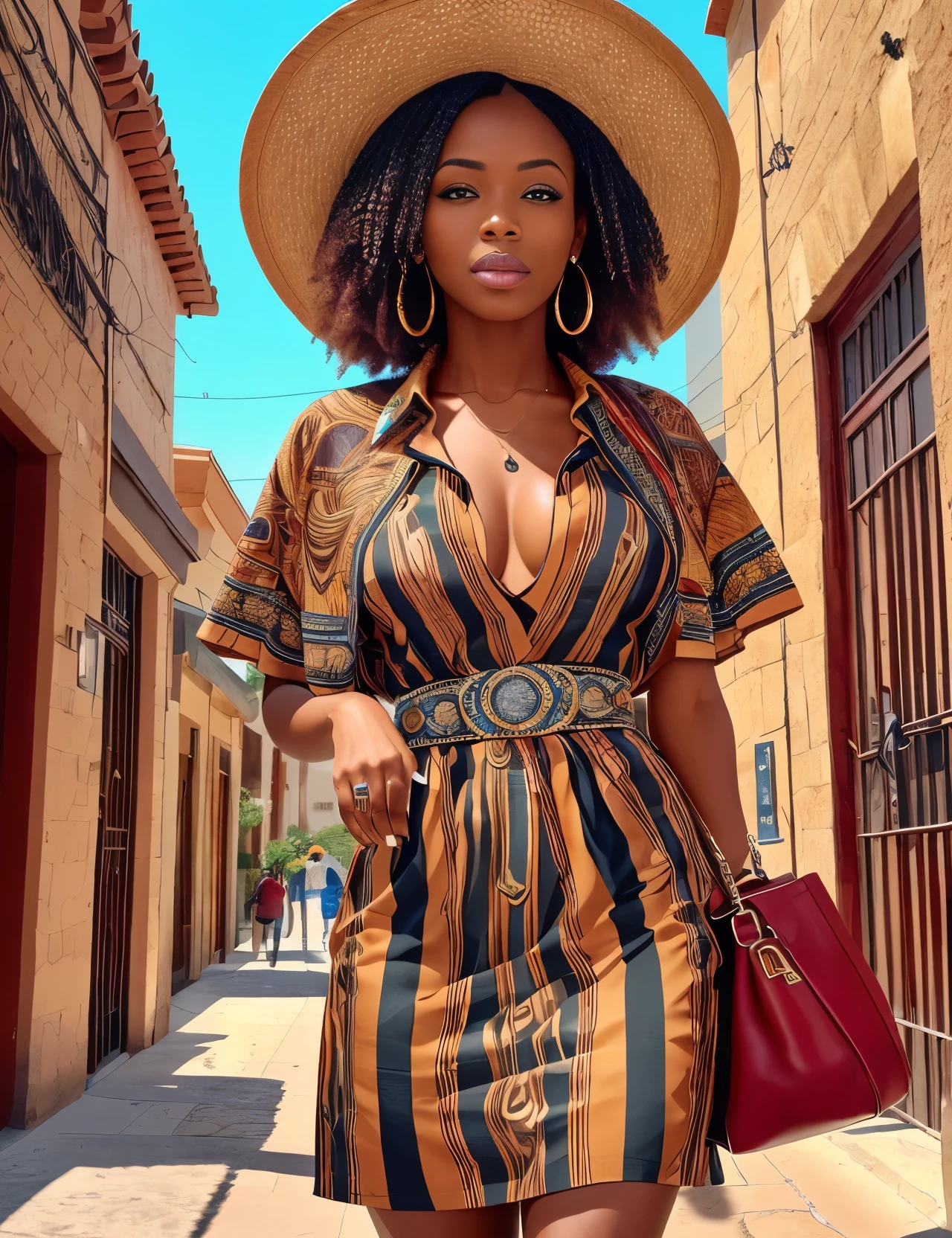 (8k, highest quality, ultra detailed:1.37), 40yo, a stylish African women, showcases her unique fashion sense in a trendy setting. She wears a chic ensemble, combining modern pieces with cultural influences. The high-resolution image captures ultra-detailed realism, highlighting confident pose, captivating eyes, and flawless complexion. the background iconic stockyards in Fort Worth --auto --s2