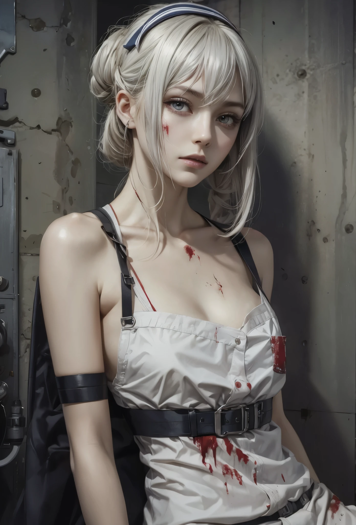 (detailed illustrations,Very detailed and precise drawing,Delicate drawn lines with tempo,Realistic texture expression),[color traced main line],Inorganic concrete room[Night Hospital],(Japan adult female[28 years old](Zombie Nurse))tied hair [SKINNY((small chest))][pale skin](sickly look[Silver eyes]),[[bandage]bondage fashion],[blood return],(Fine and beautiful skin expression [transparency]),[precisely drawn hair],(完璧な手のdetailed [Beautiful fingers with no damage [beautiful nails]]),(perfect anatomy(perfectly balanced proportions))[[full body portrait]],[ideal color coordination(Accurate simulation of light and material interactions)],([Precision Detail](detailed,High definition)),[[Pale and gentle colors]][Visual art that tells a story] [[Eros in the Natural Body]].