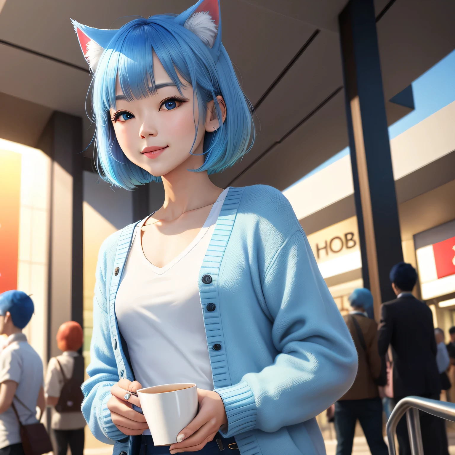 (8k, HDR, RAW photo, best quality, masterpiece:1.2, realistic lighting), medium shot view, korean girl drinking a cup of tea, solo, thin face, realistic beautiful face, very detailed face, smile, (bob cuts hair), ((sky blue hair)), path traced hair, (sky blue cat ears), ((sky blue eyes)), beauty eyes, flat chest, small breast, wearing blue cardigan, (mall:1.3), look up, upper body