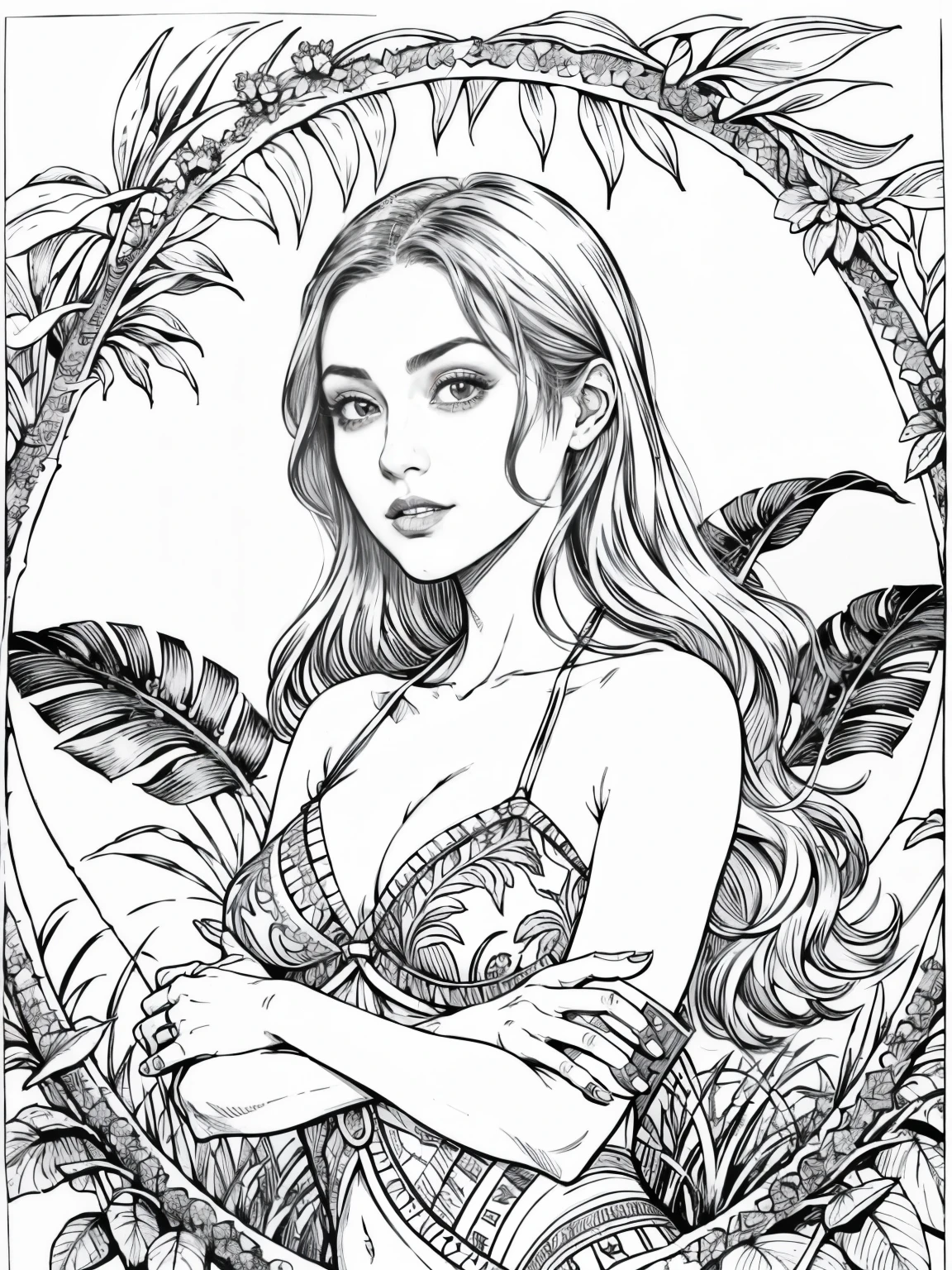 adult colouring book, no detail, outline no colour, fill frame, clipart white background an ultra hot gorgeous european woman, age 23, she’s a men magazine model, she’s a playmate. She wears a white micro bikini with tropical patterns, high detail adult coloring book page thin black lines white background, Milo Manara style, no shading, b/w image, clean line art, no color,clean simple lineart, vector, ultra realistic. She’s on a tropical island. Jungle background mixed with mandala pattern