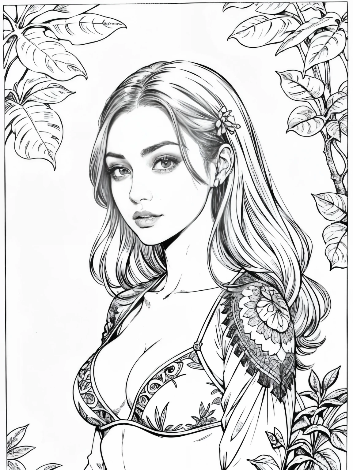 adult colouring book, no detail, outline no colour, fill frame, clipart white background an ultra hot gorgeous european woman, age 23, she’s a men magazine model, she’s a playmate. She wears a white micro bikini with tropical patterns, high detail adult coloring book page thin black lines white background, Milo Manara style, no shading, b/w image, clean line art, no color,clean simple lineart, vector, ultra realistic. She’s on a tropical island. Jungle background mixed with mandala pattern