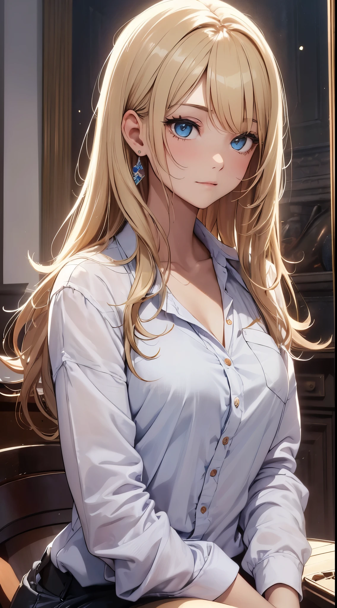 quality、Image Quality、Masterpiece、girl with((18 years old、 Black unbuttoned Y-shirt、,white underwear、Best bust、Bust 85、a blonde、Messy half length、blue eyes、Open your mind、valley、happiness、A slender one、girl sitting、shy face))高quality、beautiful art、background with((A room with beautiful sunlight))、on the table、carefully designed、visual art