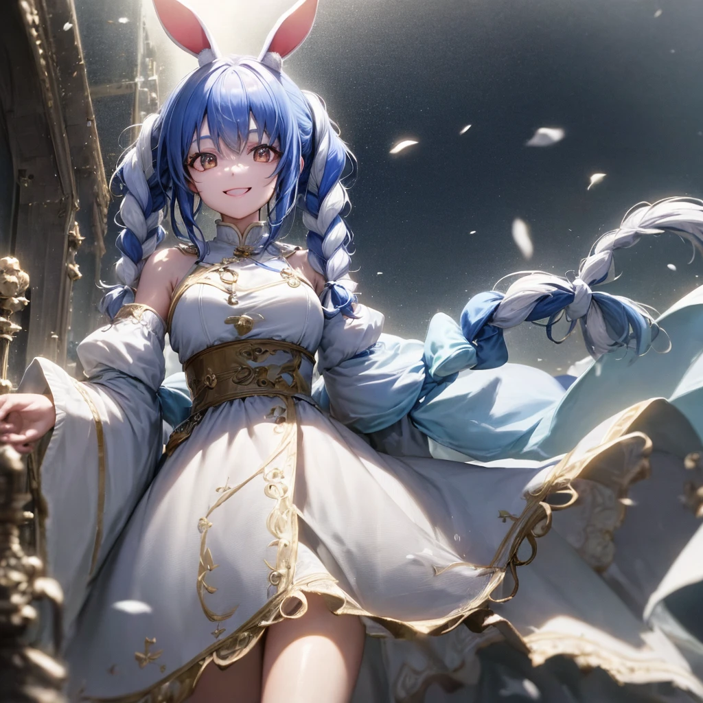 (shape: Used Pecora), Bunny girl, blue hair, twin braids, girl, alone, {{masterpiece}}, highest quality, Highly detailed CG Unity 8k wallpaper, cinematic lighting, Lens flare, beautiful detail eyes, side line, colorful light, particle, (colorful:1.5), (colorful hair:1.5),smile,fluffy clothes