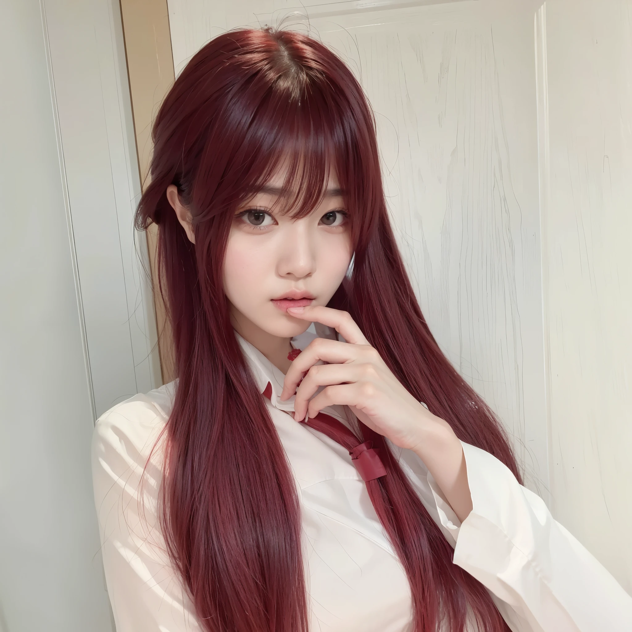 there  a woman 红long hair wearing a tie, Urzan, 动漫girl , 动漫girl in real life, 红long hair, red wig, long hair, 棕红色long hair, with red hair, long hair and piercing eyes, Red hair, raspberry red hair, sakimicchan, 齐刘海long hair，Long straight hair，girl，