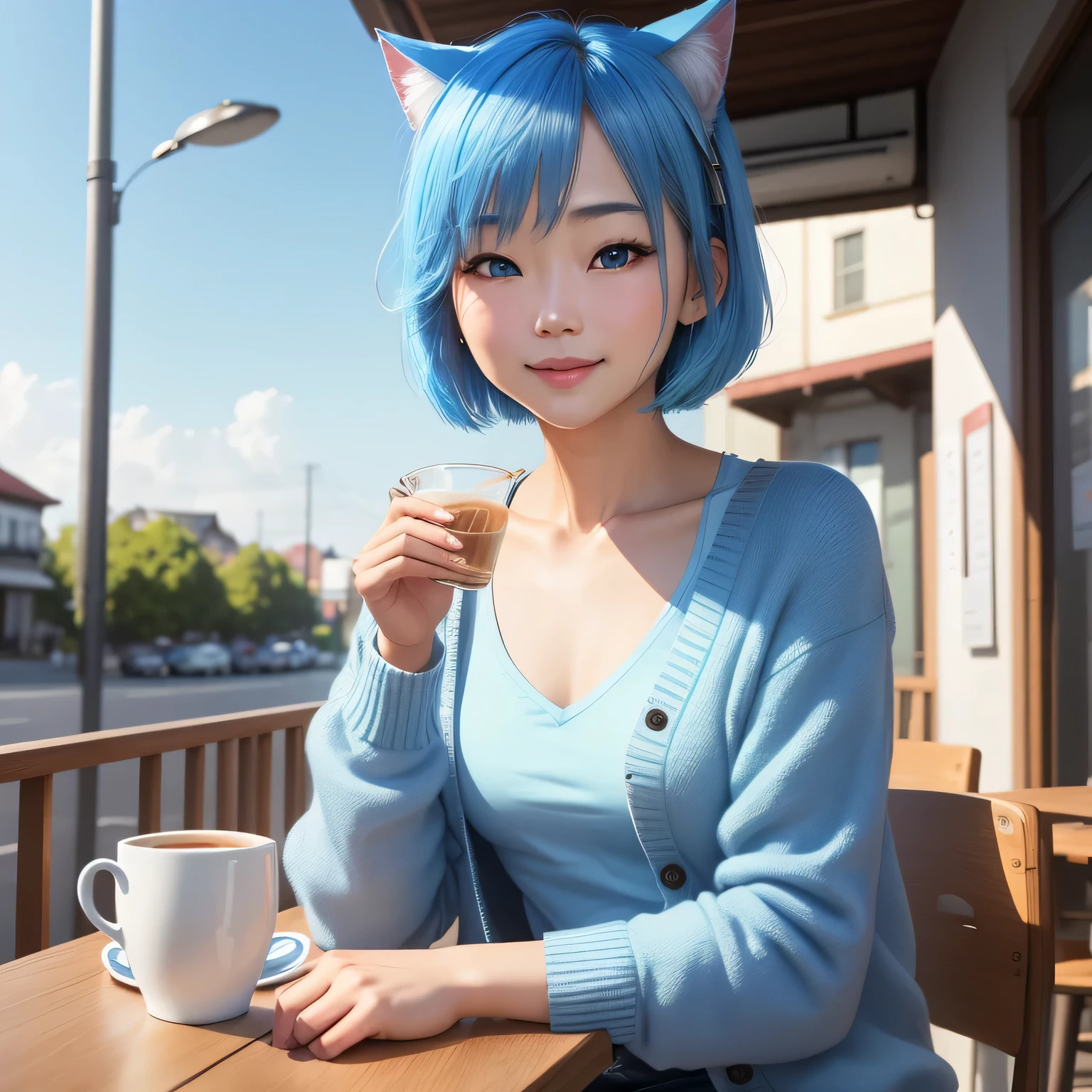 (8k, HDR, RAW photo, best quality, masterpiece:1.2, realistic lighting), medium shot view, Korean girl drinking a cup of tea, solo, (thin face), realistic beautiful face, very detailed face, smile, (bob cuts hair), ((sky blue hair)), path traced hair, (sky blue cat ears), ((sky blue eyes)), beauty eyes, (flat chest), (small breast), wearing blue cardigan, (cafe:1.3), look up, upper body