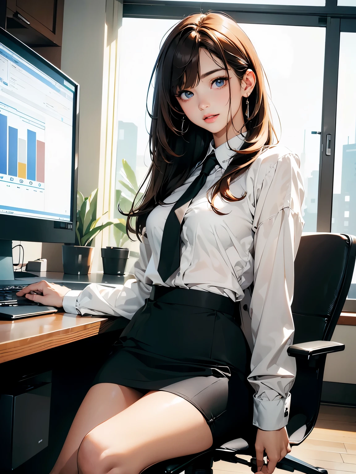 masterpiece、high resolution 8k、NSFW、sharp focus、contrast lighting、fine skin、muste piece、 highest quality、Ultra - High resolution、Super high resolution、Highly detailed CG、stock exchange、large office room、many large monitors、desk computer、trading、document、stock、chart screen、Horizontal focus male OL、woman is sitting on a chair、beautiful eyes、(Detailed face and iace:1 2)、narrow eyes、almond eye、Black pupil、eye gradation eye highlight:1.2)、(light reddish brown hair、middle、asymmetrical bangs)、(ID card、Blazer for office wear shortage、white cutter shirt、black pencil skirt、pumps)、(plump lips、gross、glossy lips、small breast size) 、(oval face : 1.4)、(thin fingers、fine arms、detailed human hand)、laughter half open、teeth visible