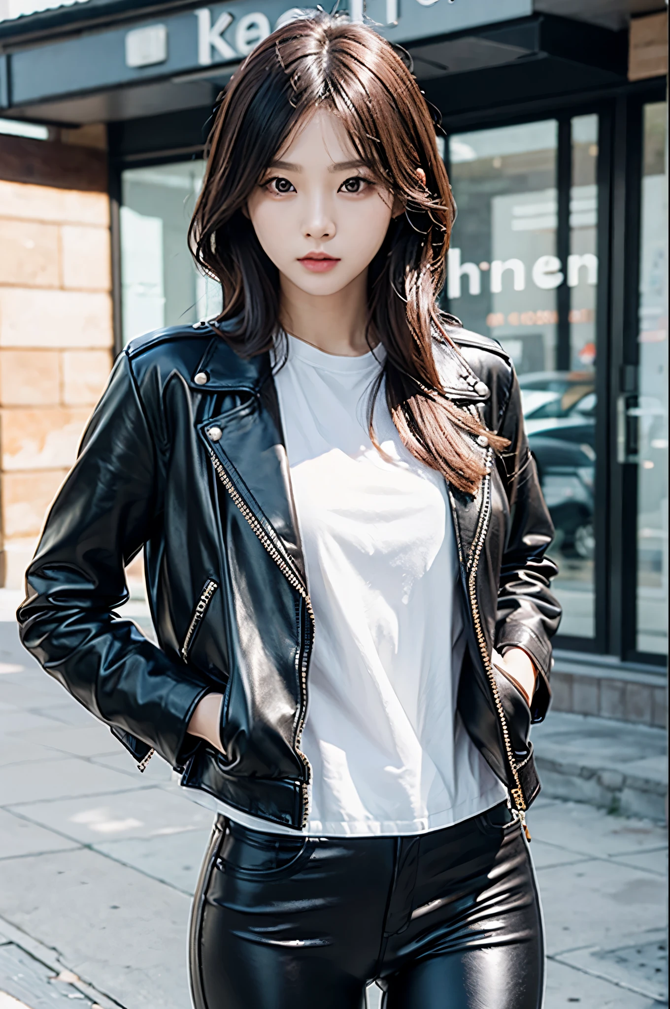 A Korean woman wearing leather jacket and leather pants